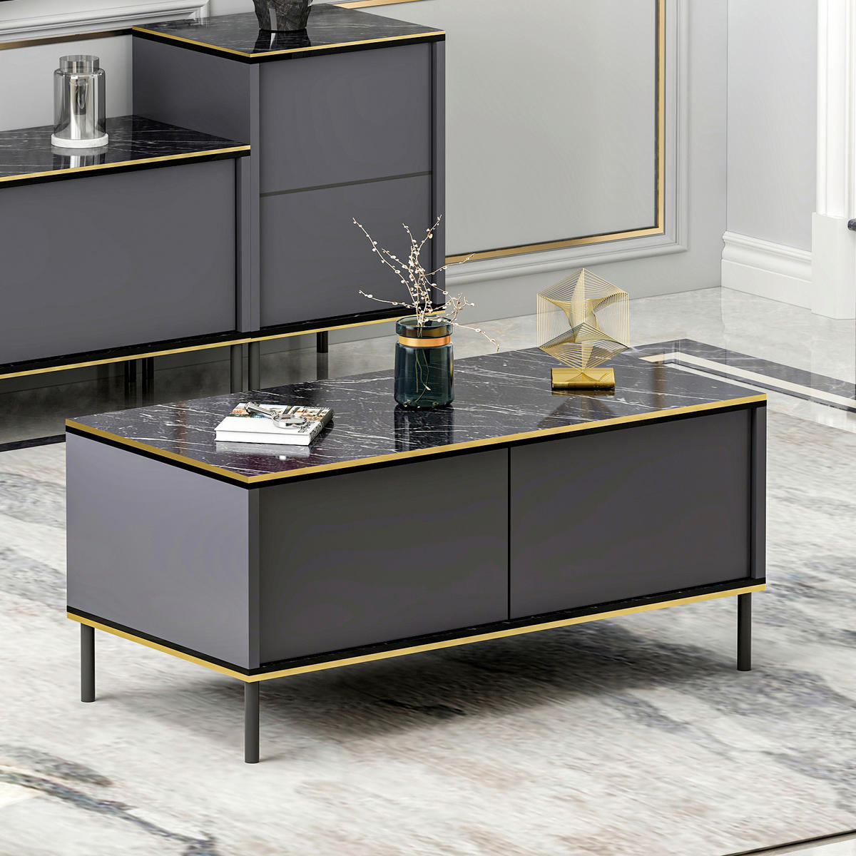 COUCHTISCH Imaj Couchtisch 90/45/40 cm rechteckig Anthrazit, Schwarz  - Anthrazit/Schwarz, Design, Holzwerkstoff/Metall (90/45/40cm) - Livetastic