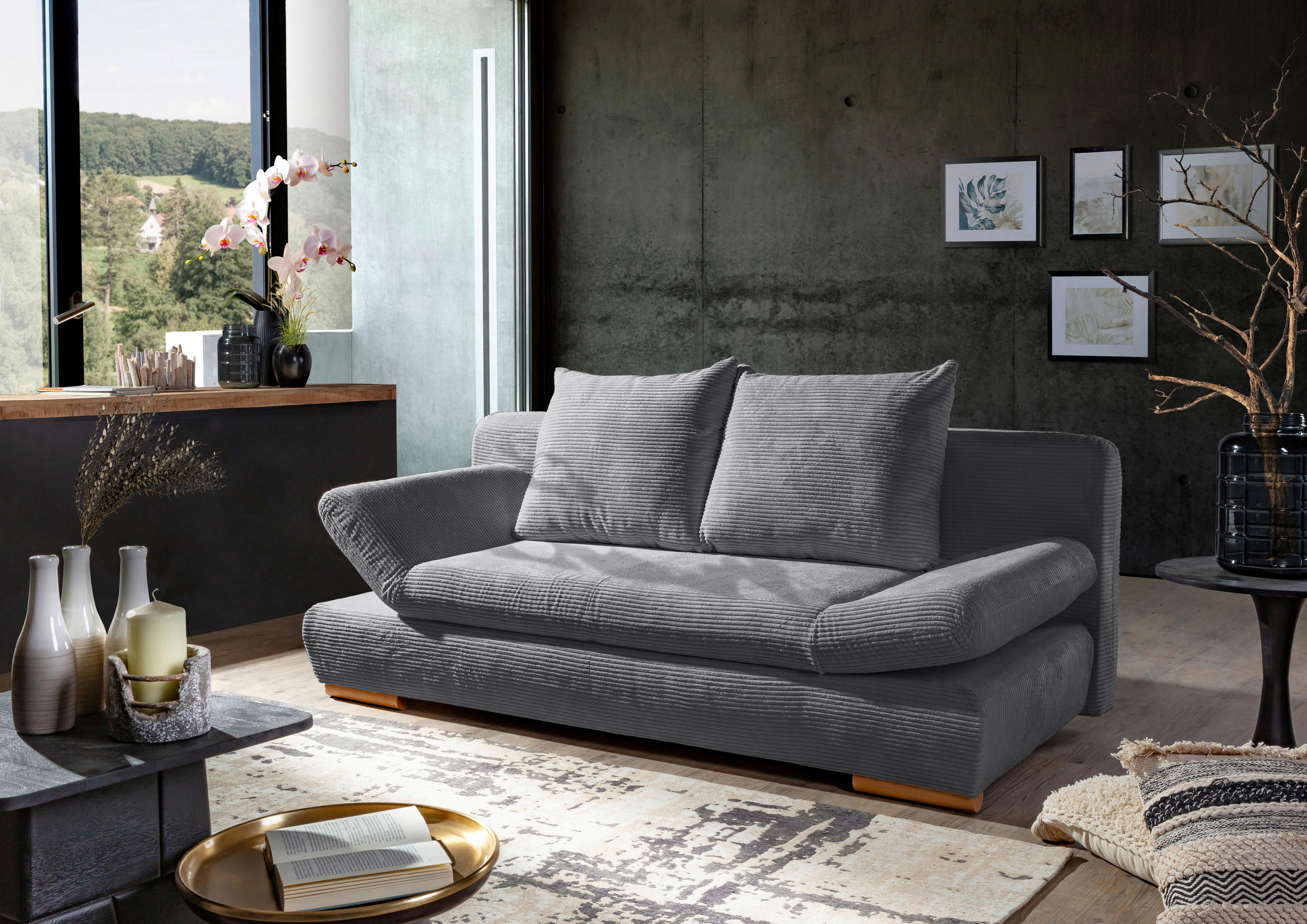 SCHLAFSOFA Cord Dunkelgrau  - Dunkelgrau/Naturfarben, KONVENTIONELL, Holz/Textil (200/75/92cm) - home24