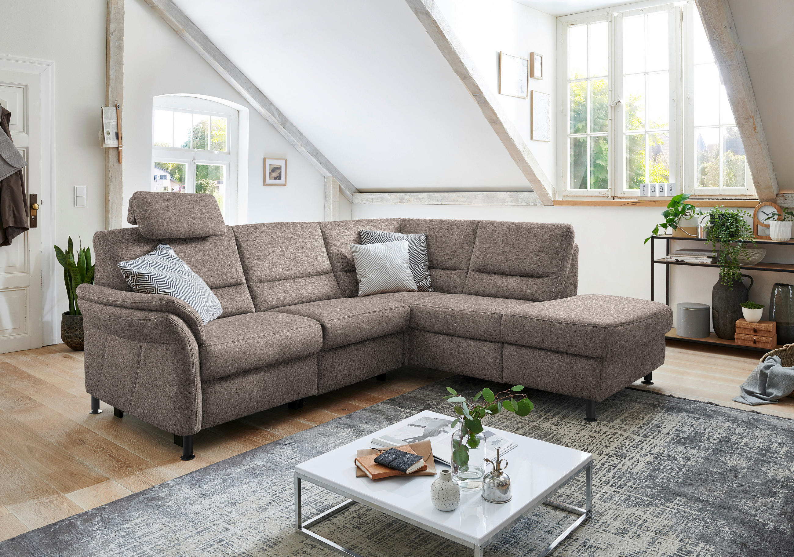 ECKSOFA in Flachgewebe Hellbraun  - Hellbraun/Schwarz, Modern, Textil/Metall (227/203cm) - Beldomo System