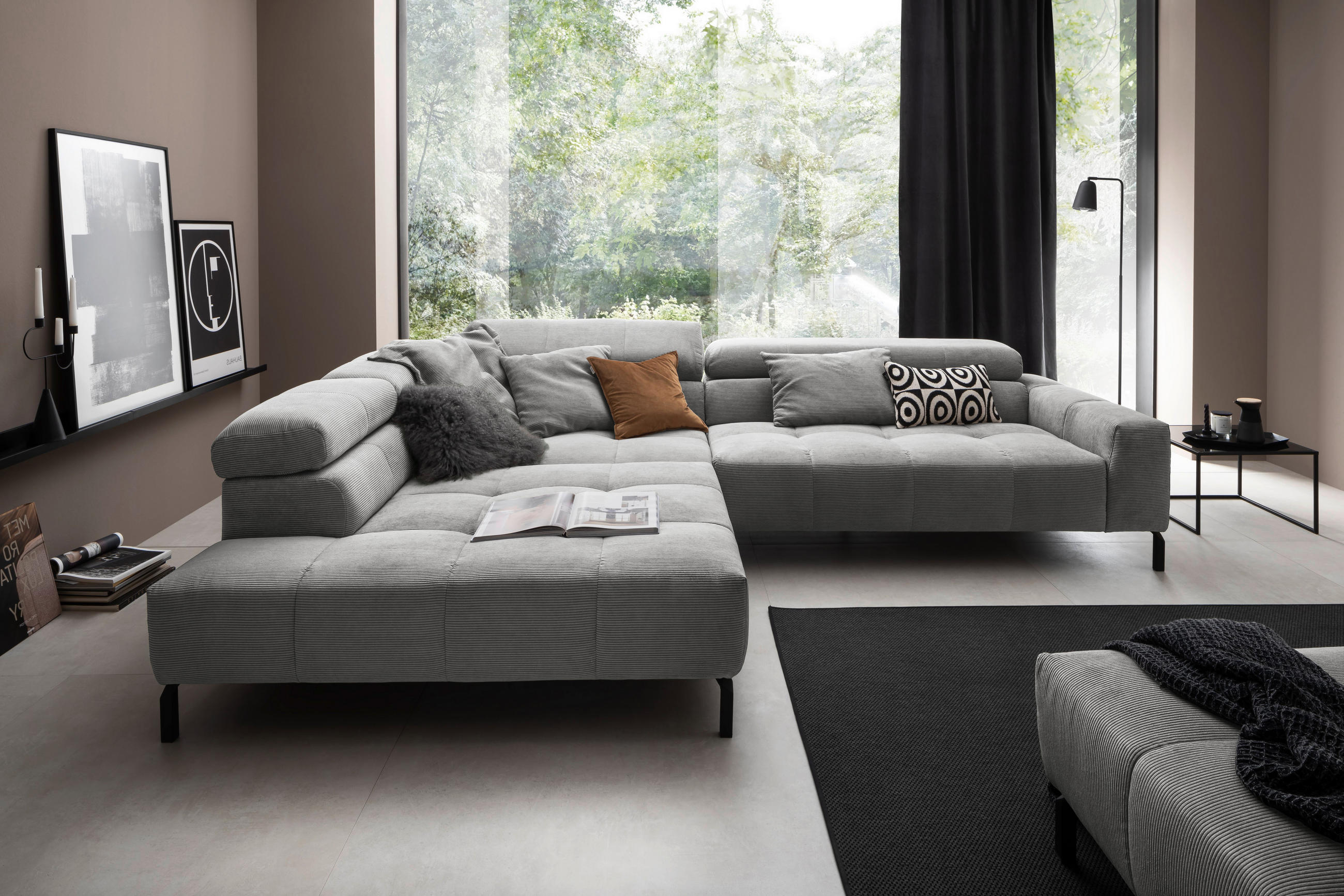ECKSOFA in Cord Dunkelgrau  219/311 cm  - Dunkelgrau/Schwarz, KONVENTIONELL, Textil/Metall (219/311cm) - Hom`in