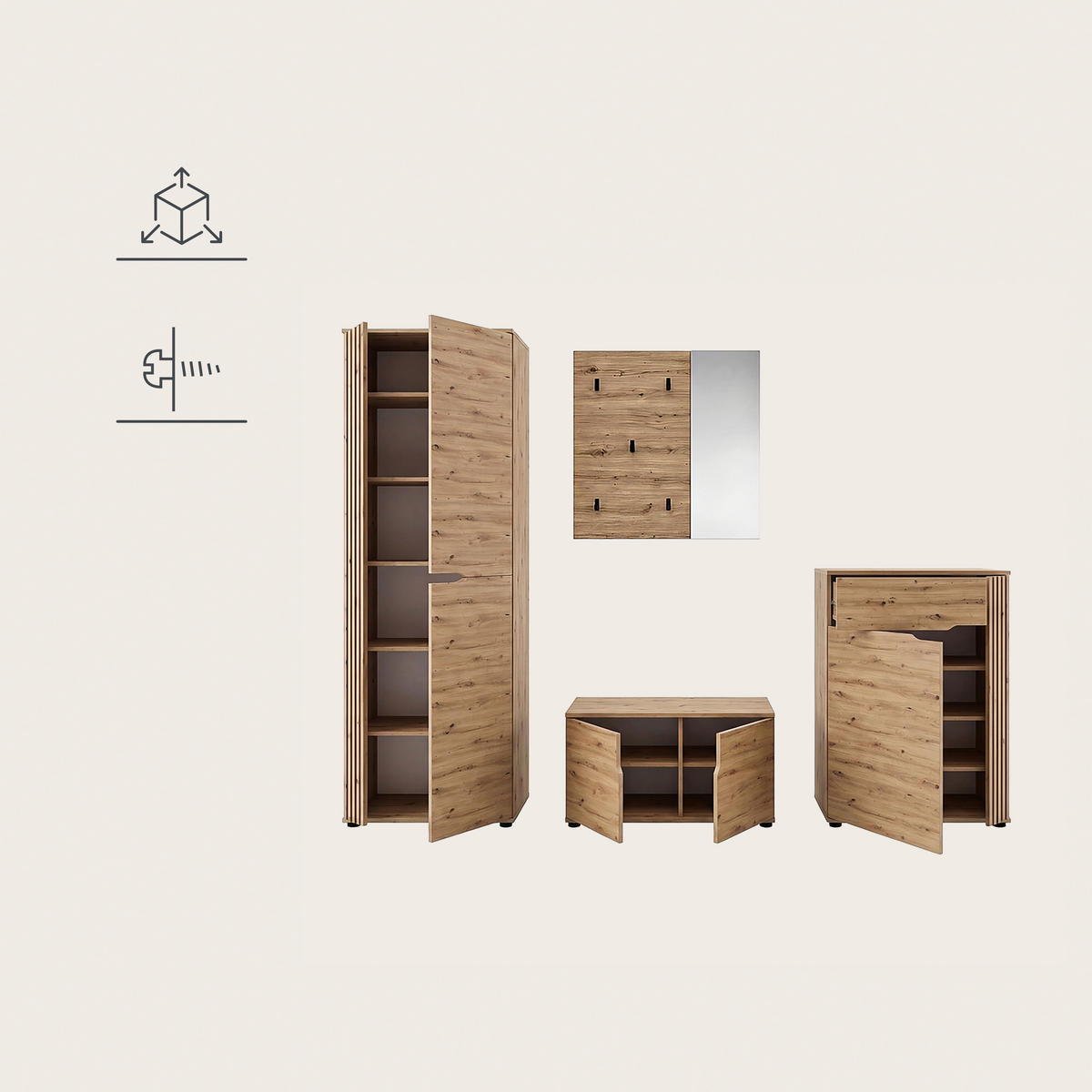 GARDEROBE 4-teilig  in 255/191/37 cm  - Eiche Artisan, Design, Holzwerkstoff (255/191/37cm) - MID.YOU