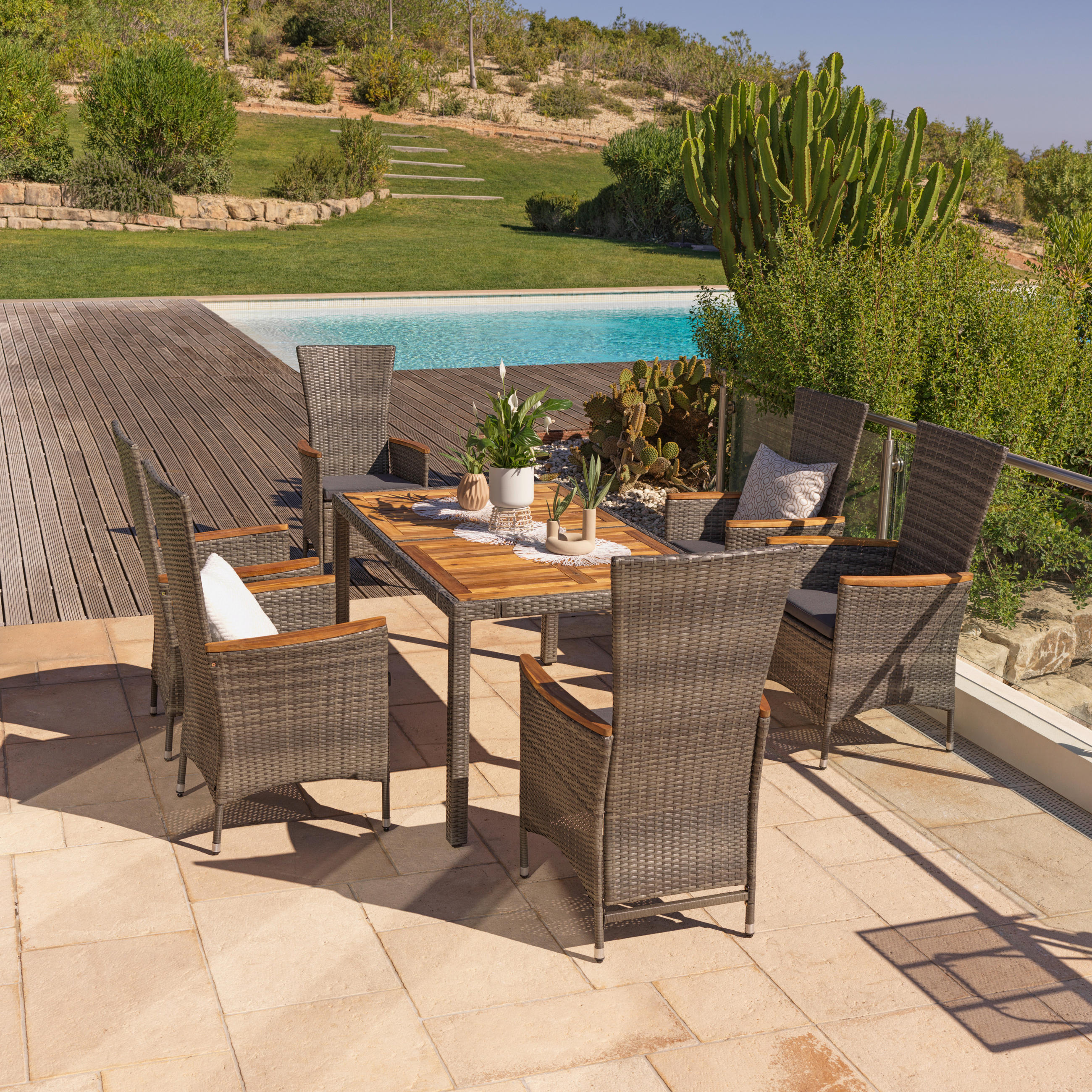 GARTENGARNITUR 7-teilig Webstoff Akazie Schichtholz Stahl  - Grau, MODERN, Holz/Kunststoff (150/90/75cm) - Ambia Garden