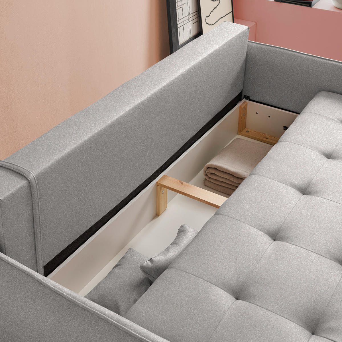 SCHLAFSOFA Chenille Hellgrau  - Buchefarben/Hellgrau, Design, Holz/Textil (217/97/101cm) - Carryhome