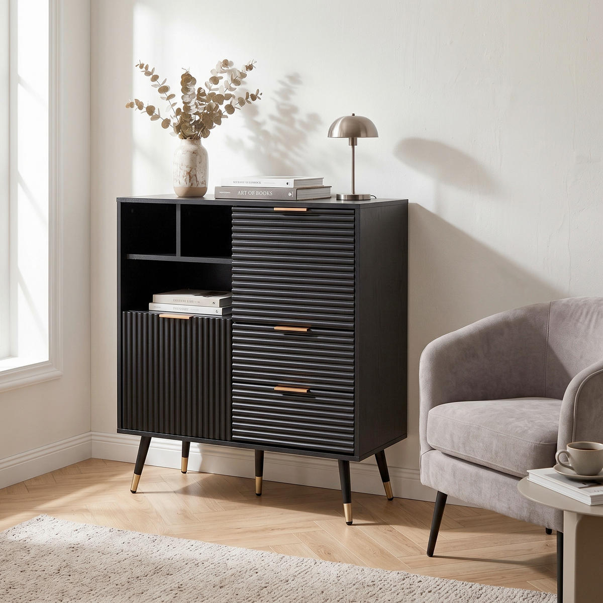 SIDEBOARD  77/97/40 cm 2 låda(or)  - svart/guldfärgad, Design, metall/trämaterial (77/97/40cm) - MID.YOU