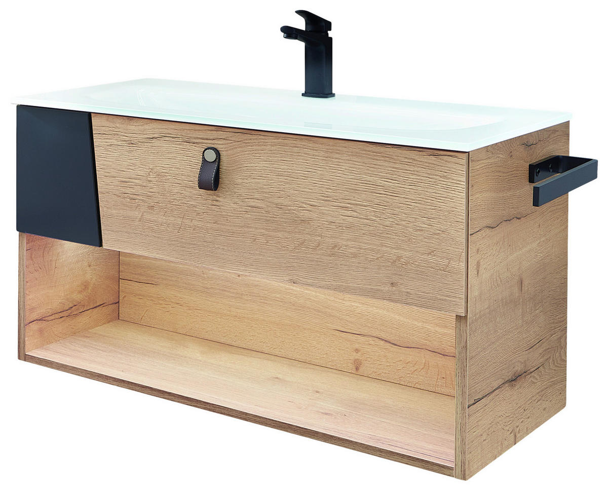 WASCHTISCHKOMBI 77 cm  - Eichefarben/Schwarz, KONVENTIONELL, Leder/Glas (77cm) - Sadena