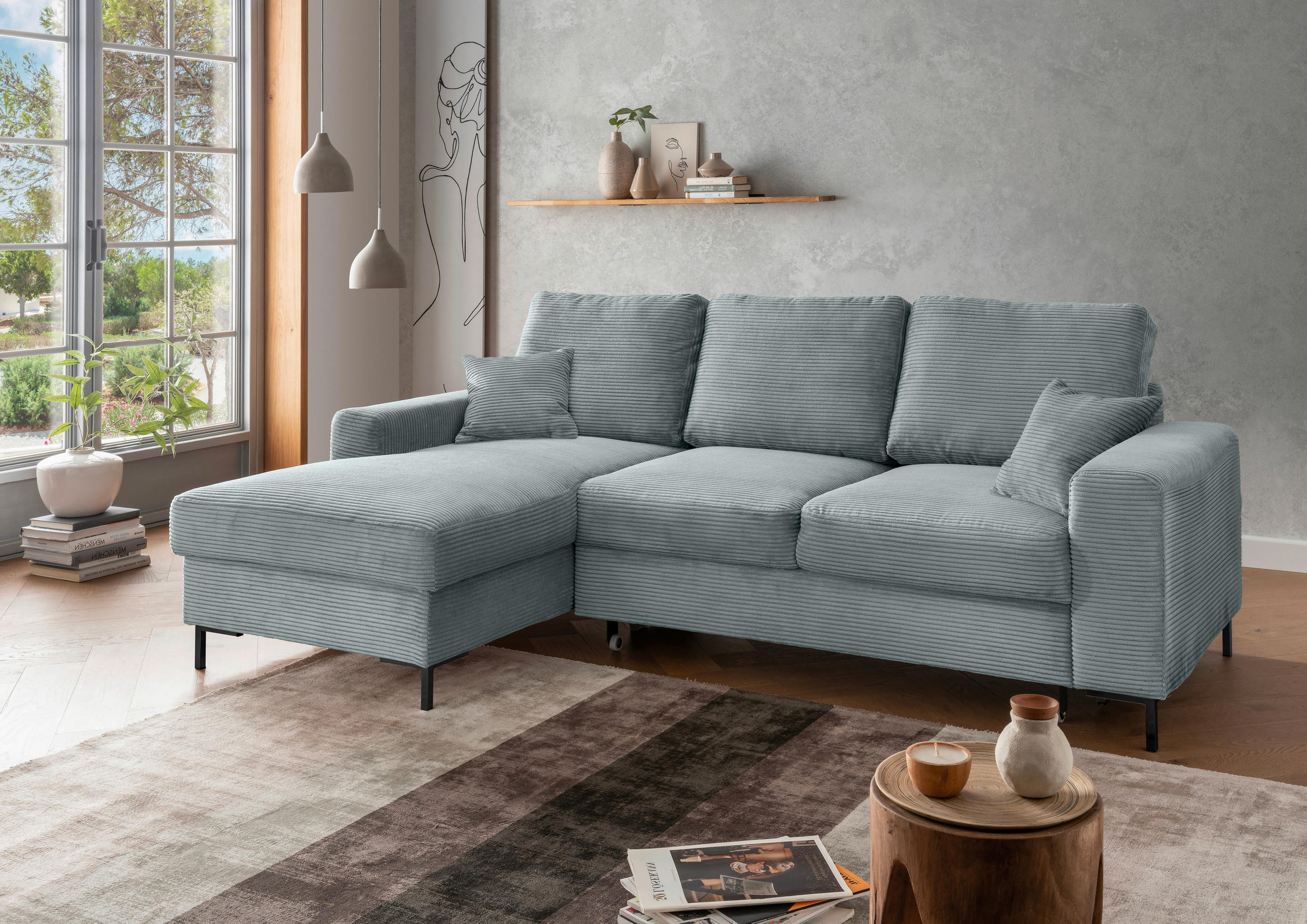 ECKSCHLAFSOFA  mit Rücken echt Cord Hellblau  - Schwarz/Hellblau, KONVENTIONELL, Textil/Metall (143/237cm) - Livetastic