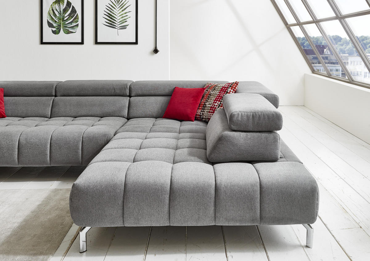 ECKSOFA Grau Chenille  - Chromfarben/Grau, Design, Textil/Metall (323/222cm) - Beldomo Style