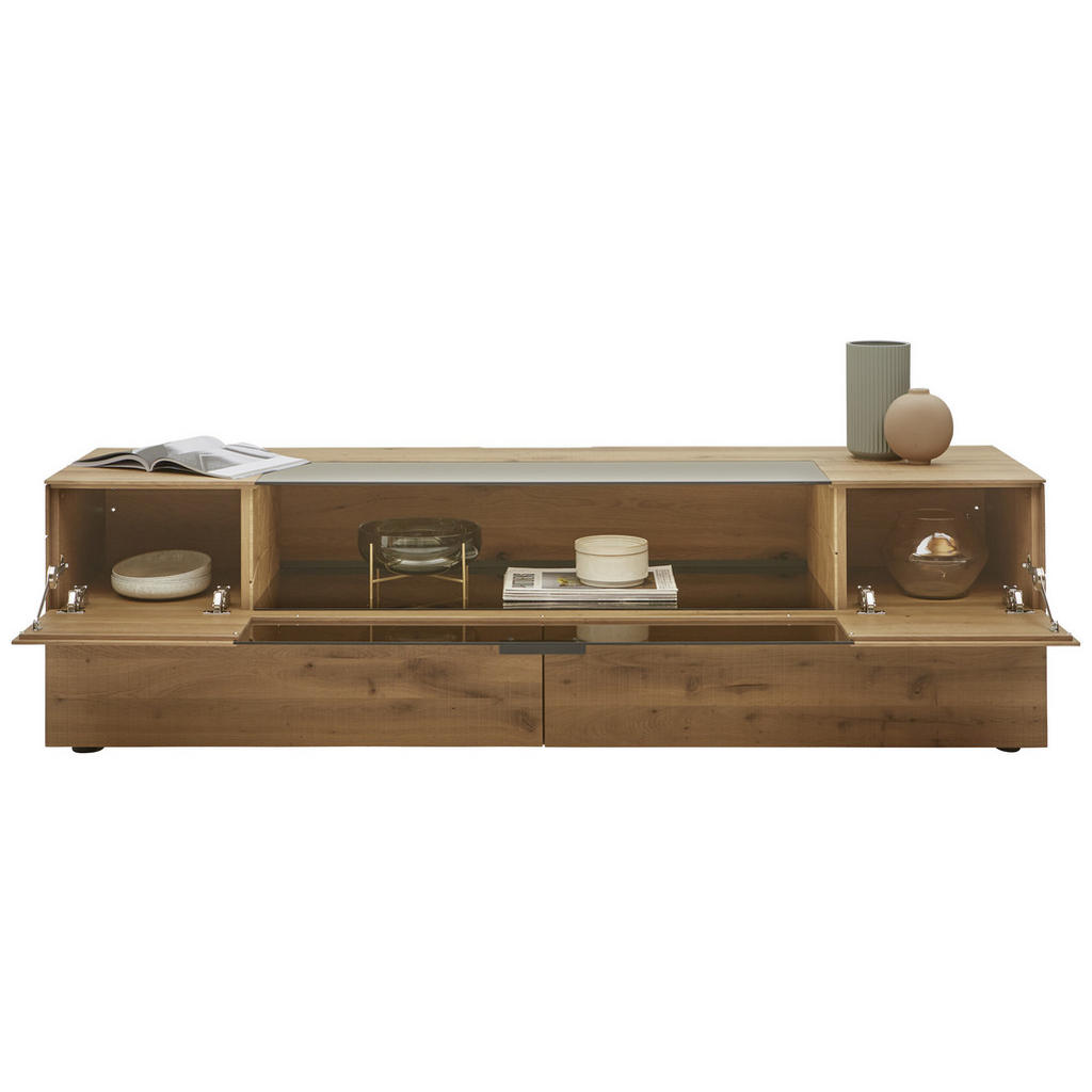 Thumbnail - Valnatura Lowboard, Eiche, Titan, Holz, Glas, Kerneiche, vollmassiv, 2 Schubladen, 211x58x54 cm, Typenauswahl, Beimöbel ...