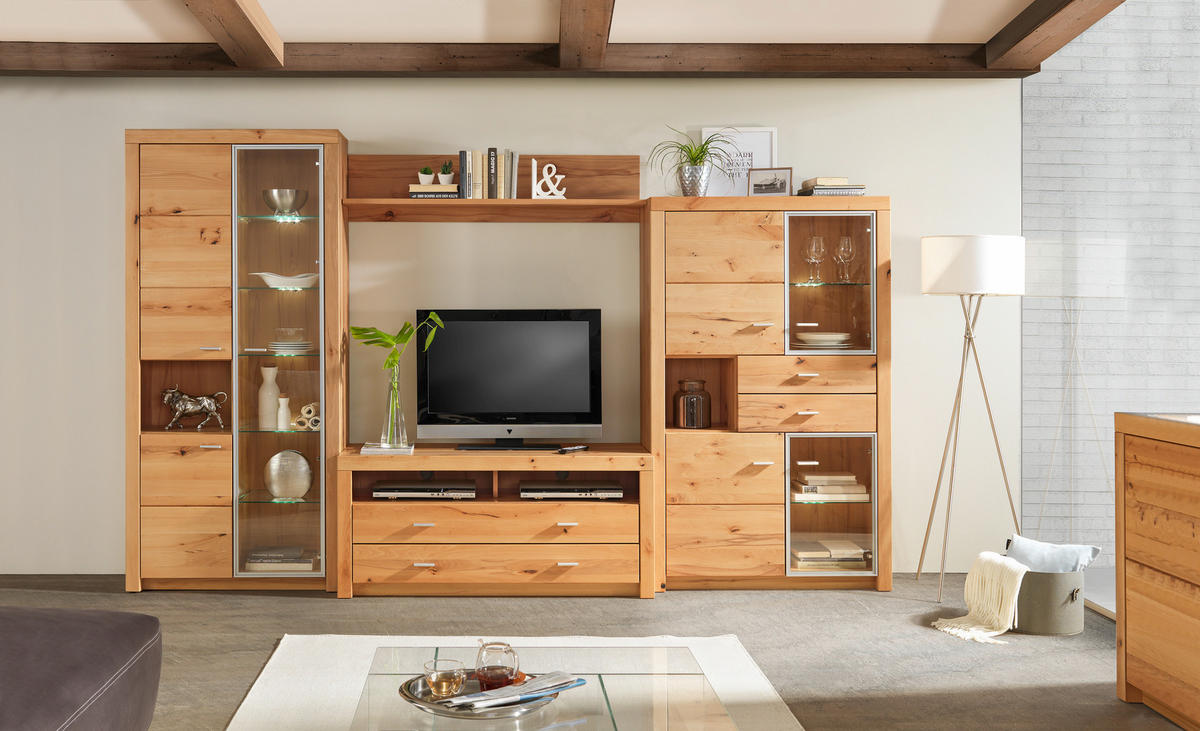 WOHNWAND  in Buchefarben 322/196/50 cm  - Buchefarben/Alufarben, Konventionell, Glas/Holz (322/196/50cm) - Cantus