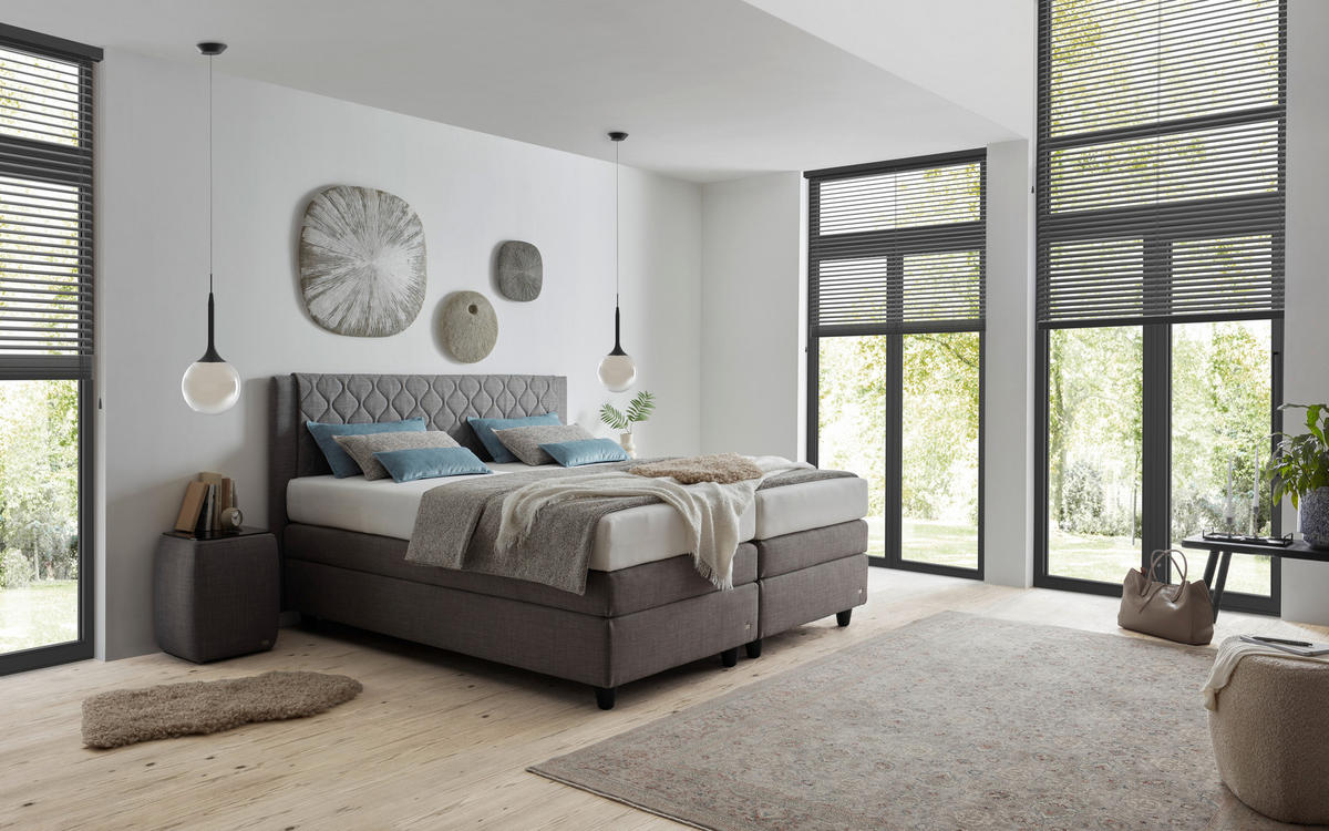 BOXSPRINGBETT 180/200 cm,  in Grau, Matratze, gepolstertes Kopfteil, H2 + H3 = mittel + fest  - Schwarz/Grau, Design, Holzwerkstoff/Textil (180/200cm) - RUF Betten