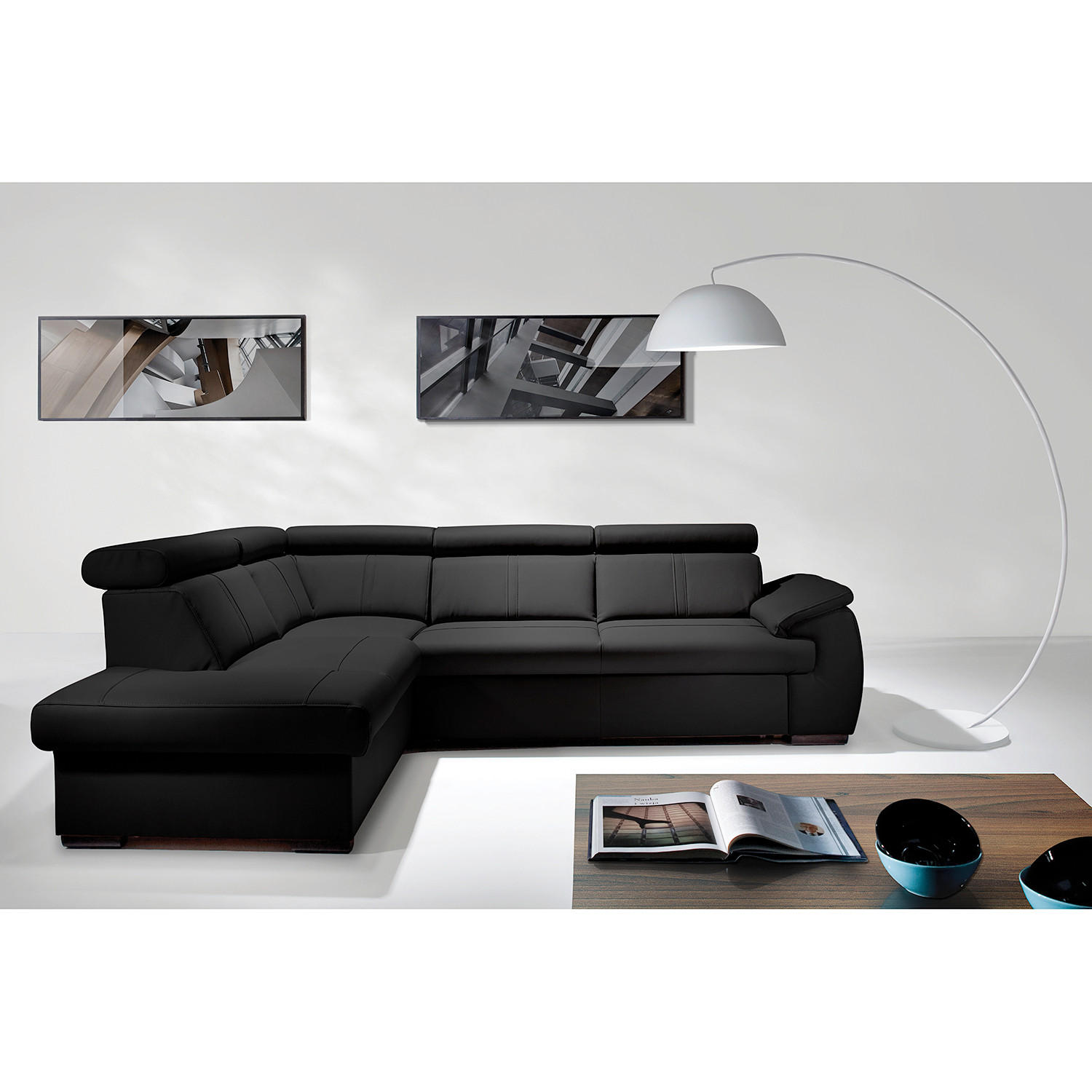 ECKSOFA Schwarz Echtleder  - Wengefarben/Schwarz, Design, Leder/Holz (211/265cm) - Livetastic