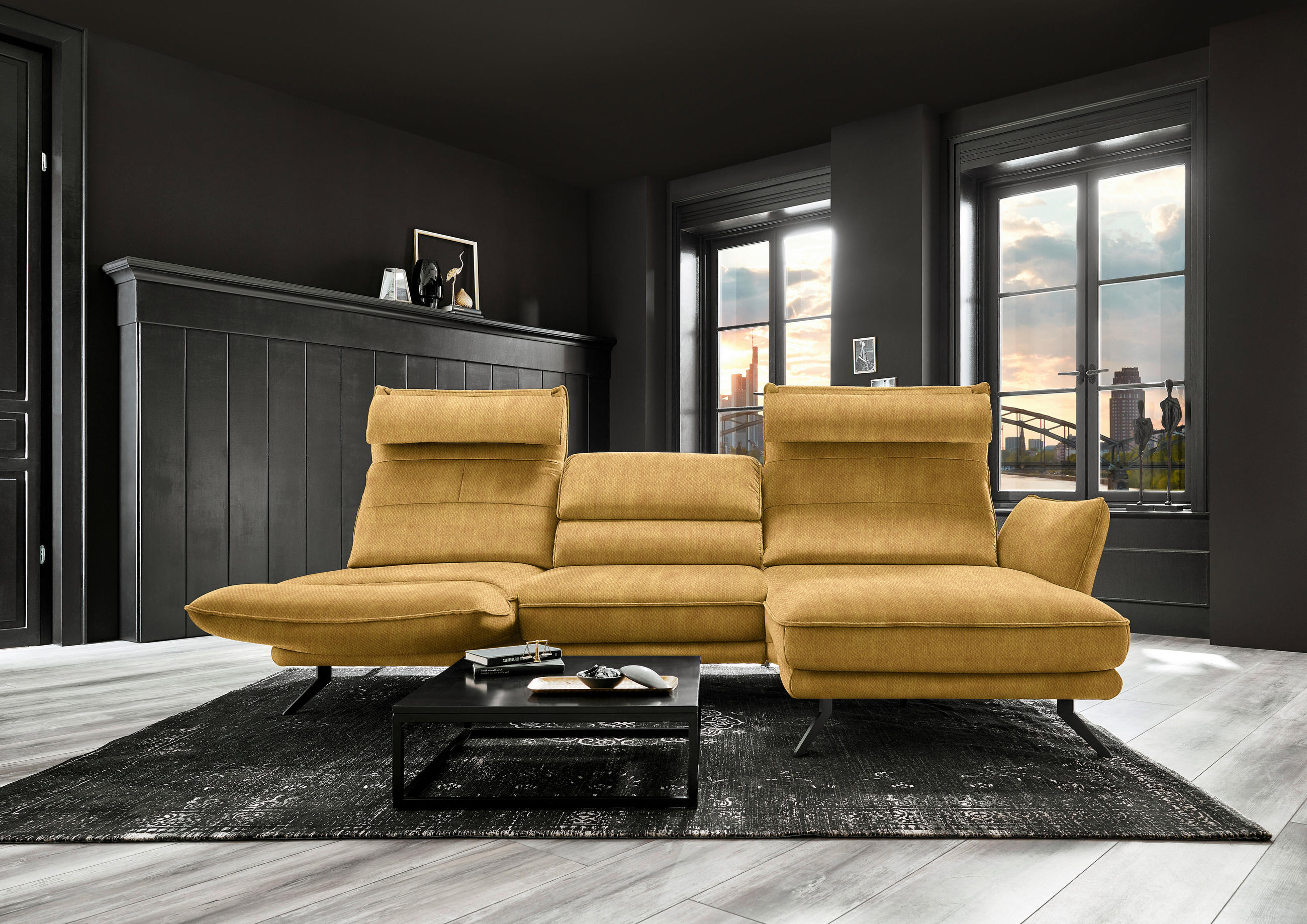 ECKSOFA in Velours Currygelb  - Currygelb/Schwarz, Design, Textil/Metall (283/153cm) - Valdera