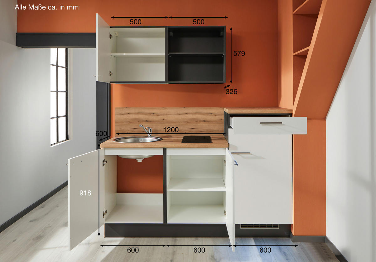 KÜCHENBLOCK 180 cm   in Graphitfarben, Weiß, Eichefarben  - Edelstahlfarben/Eichefarben, Design, Holzwerkstoff/Metall (180cm) - Pino