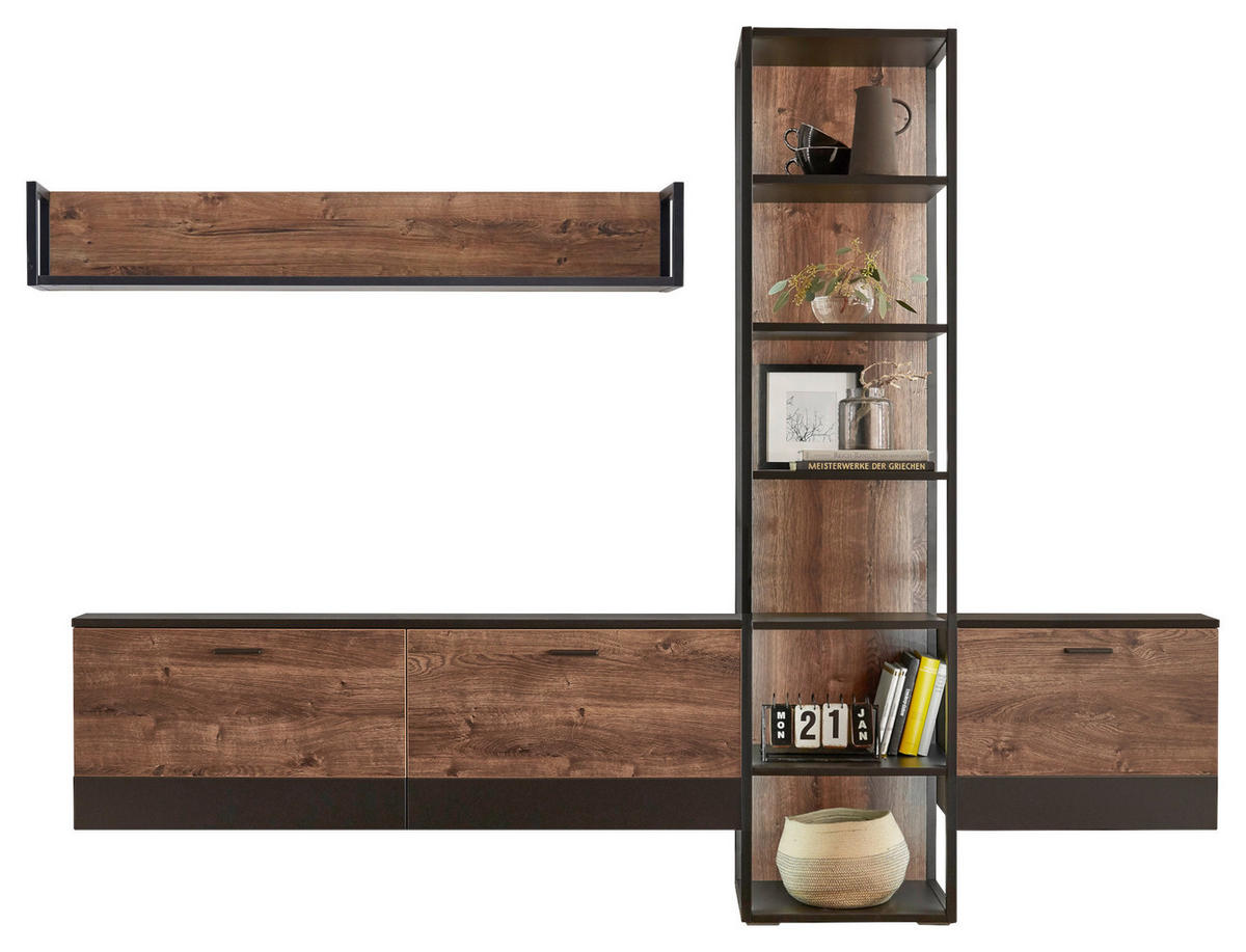 WOHNWAND  in Eichefarben, Dunkelgrau  279/204/37 cm  - Eichefarben/Dunkelgrau, KONVENTIONELL, Holzwerkstoff/Metall (279/204/37cm) - Cantus