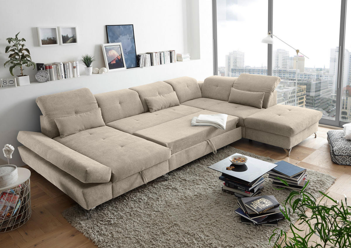 WOHNLANDSCHAFT Sandfarben Mikrovelours  - Sandfarben/Silberfarben, MODERN, Textil/Metall (168/350/245cm) - MID.YOU
