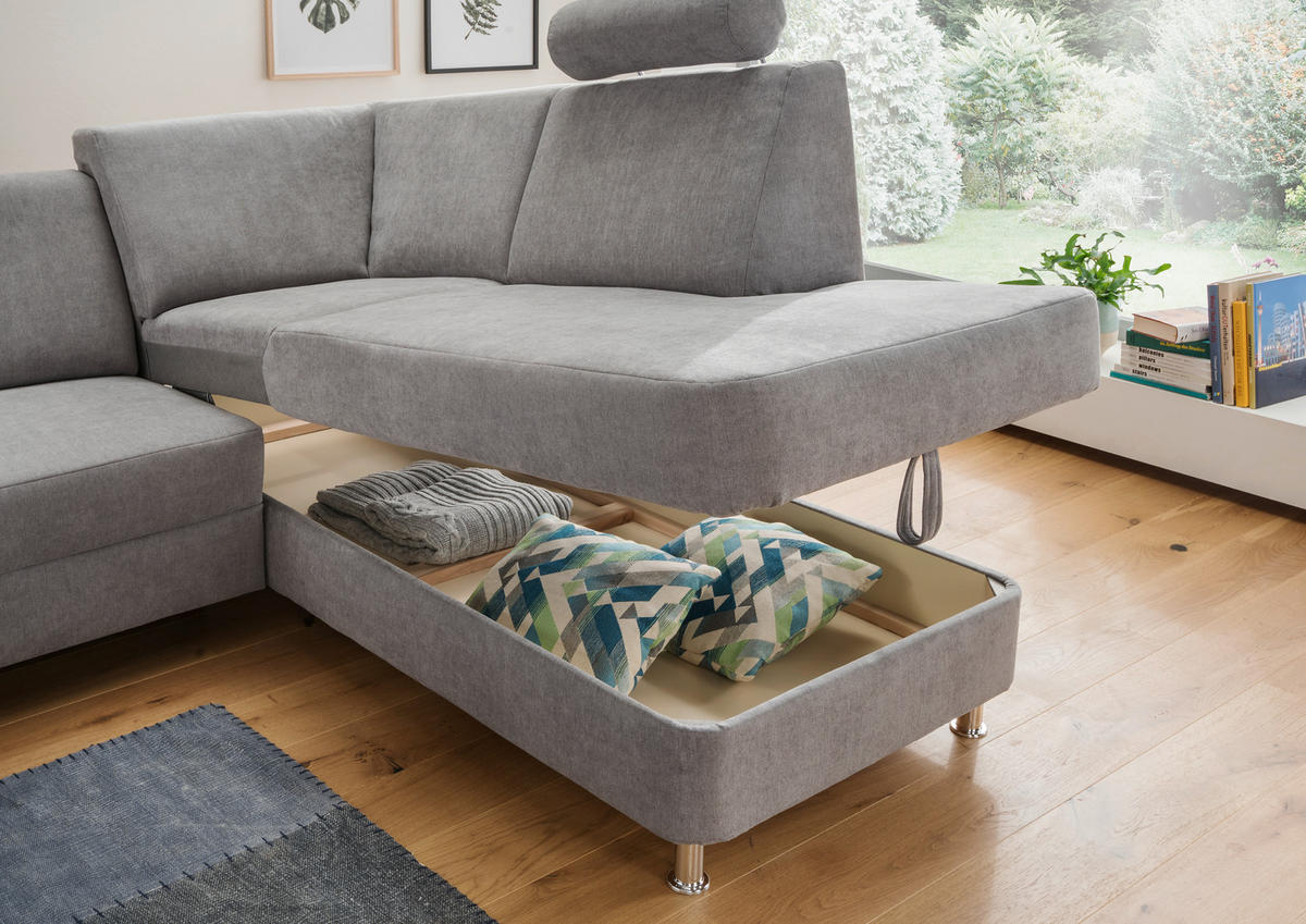 Wohnlandschaft inkl.Funktionen Grau Chenille  - Chromfarben/Grau, Design, Kunststoff/Textil (165/301/198cm) - Xora