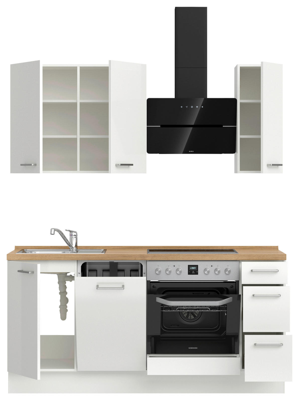 KÜCHENLEERBLOCK 180 cm   in Eichefarben, Weiß Hochglanz  - Edelstahlfarben/Eichefarben, MODERN, Holzwerkstoff/Metall (180cm) - Nobilia