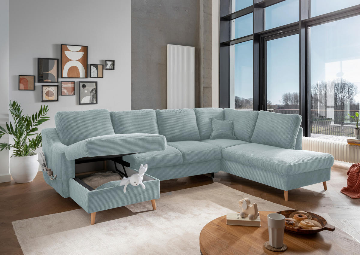 WOHNLANDSCHAFT in Cord Hellblau  - Naturfarben/Hellblau, Konventionell, Holz/Textil (150/301/200cm) - P & B