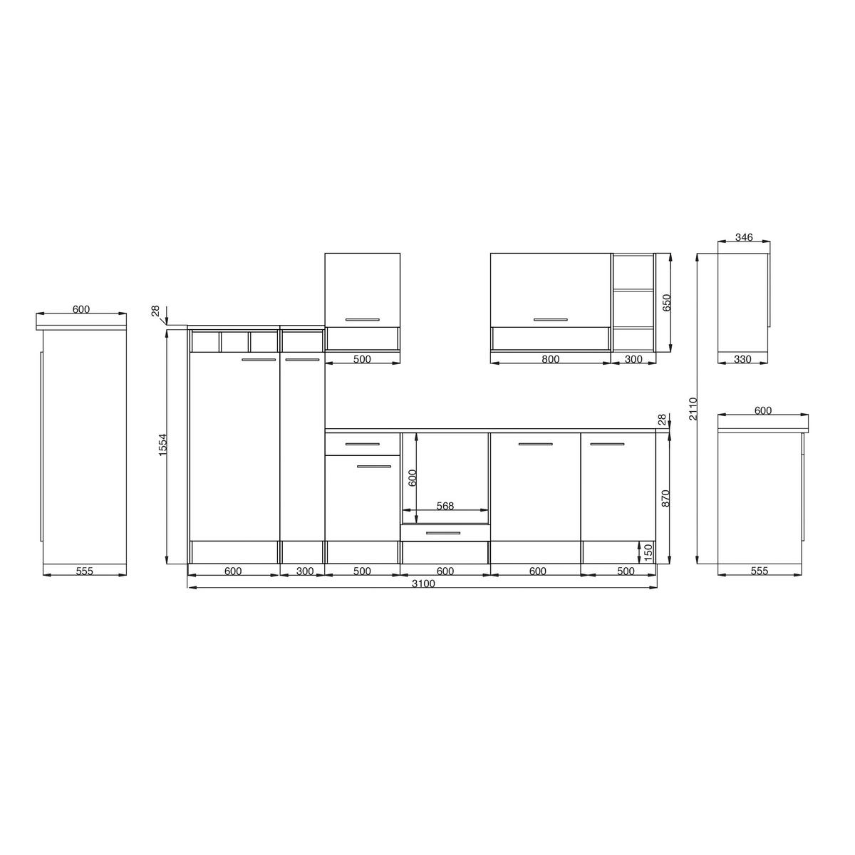 KÜCHENLEERBLOCK 310/205/60 cm   in Weiß, Wildeiche  - Wildeiche/Silberfarben, Basics, Holzwerkstoff/Metall (310/205/60cm) - Respekta