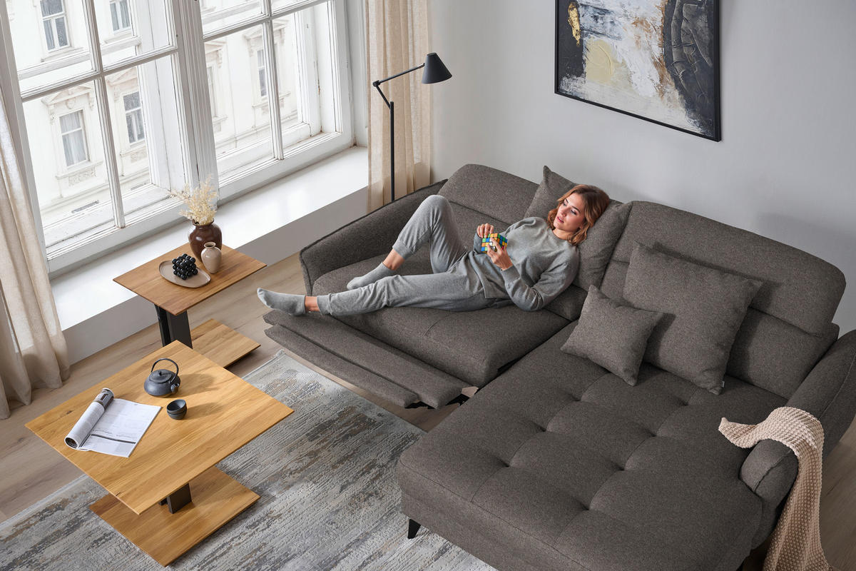 ECKSOFA Flachgewebe Graubraun  - Graubraun/Schwarz, Design, Textil/Metall (246/175cm) - Celina