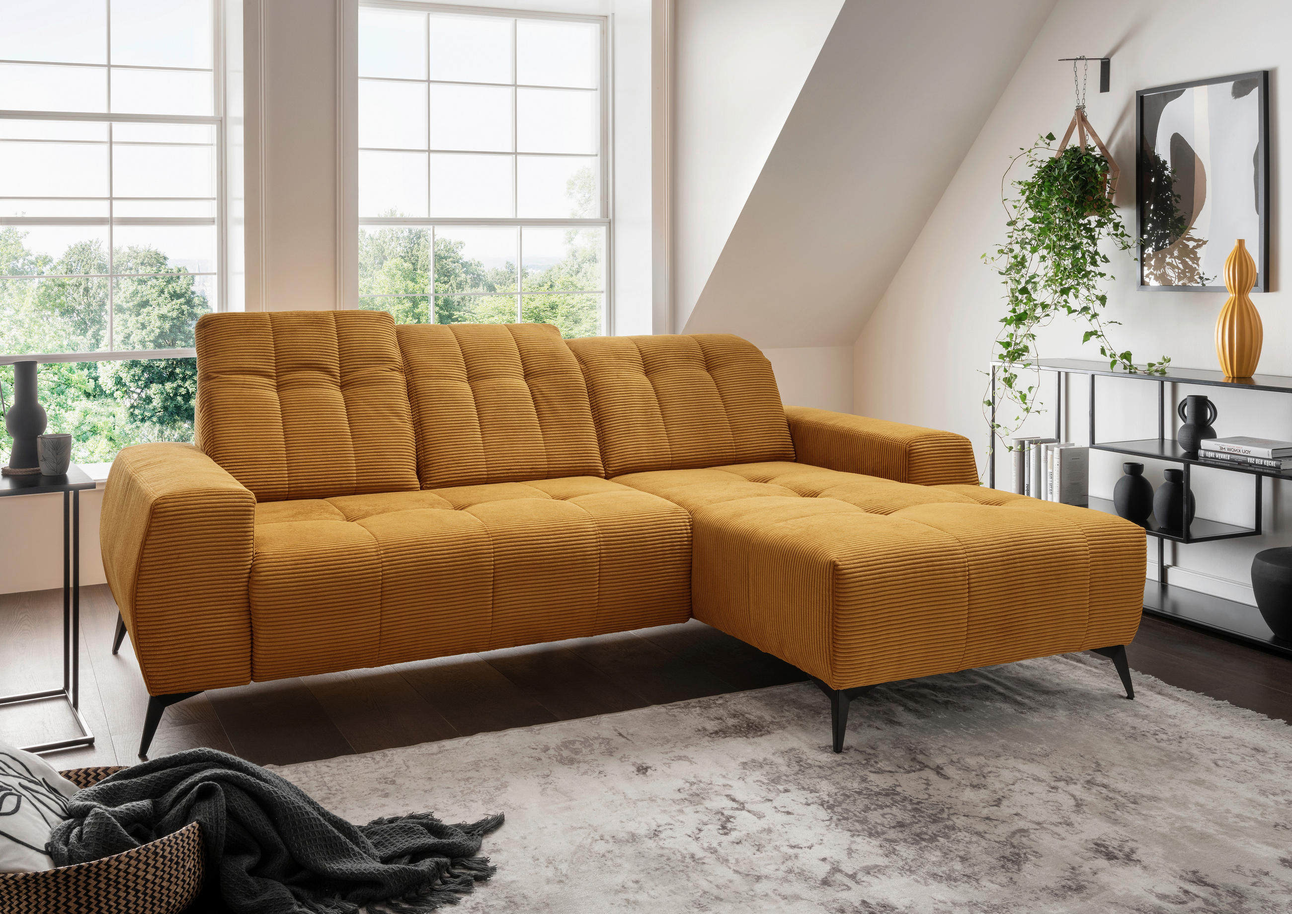 ECKSOFA in Cord Goldfarben  - Goldfarben/Schwarz, Modern, Textil/Metall (258/180cm) - Livetastic