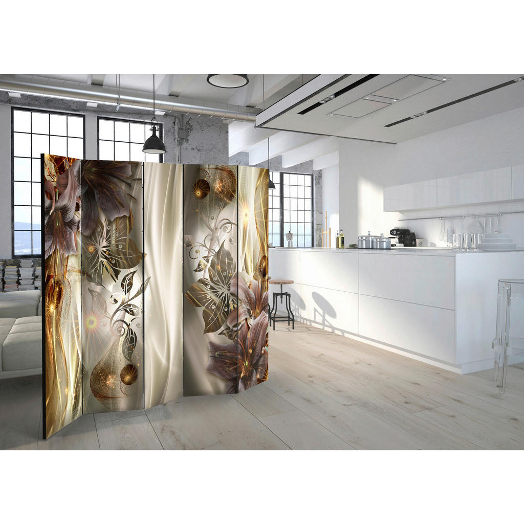 Thumbnail - artgeist Paravent, Sand, Hellgelb, Perlmutt, Cognac, Holz, Kunststoff, Textil, Kiefer, massiv, Blume, 225x172x3 cm, Moti...
