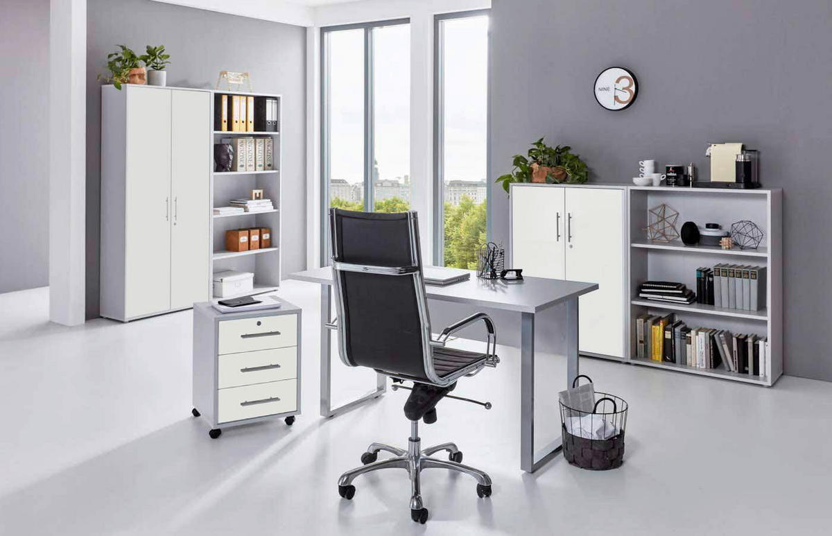 BÜRO erweiterbar, abschließbar Grau, Weiß - Weiß/Grau, MODERN, Holzwerkstoff/Metall - MID.YOU