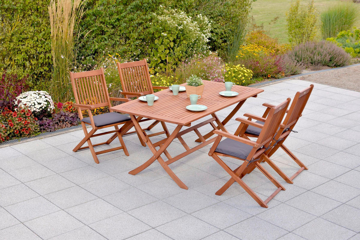 GARTENTISCHGRUPPE EukalyptusholzHartholz  - Eukalyptusholzfarben/Grau, KONVENTIONELL, Holz/Textil - Gardenson