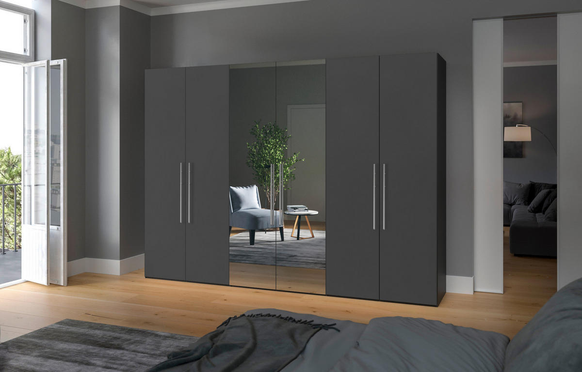 DREHTÜRENSCHRANK 303/195/59 cm 6-türig Anthrazit, Schwarz  - Edelstahlfarben/Anthrazit, Design, Glas/Holzwerkstoff (303/195/59cm) - Boxxx