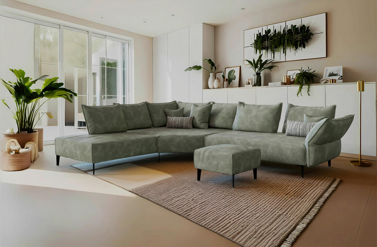 ECKSOFA Chenille, Flachgewebe Grün  - Schwarz/Grün, Modern, Textil/Metall (272/340cm) - W.Schillig