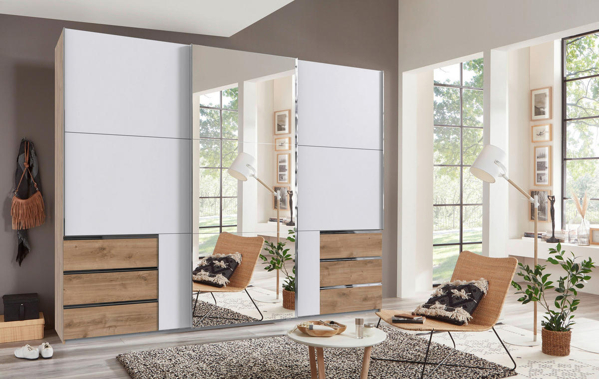 SCHWEBETÜRENSCHRANK  in Weiß, Plankeneiche  - Chromfarben/Plankeneiche, MODERN, Holzwerkstoff (300/236/65cm) - MID.YOU