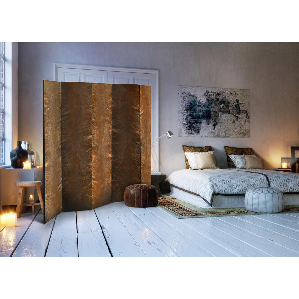 Thumbnail - artgeist Paravent, Braun, Gold, Holz, Textil, Kiefer, massiv, Metalloptik, 225x172x3 cm, Motiv auf Vorderseite, Wohnzimm...