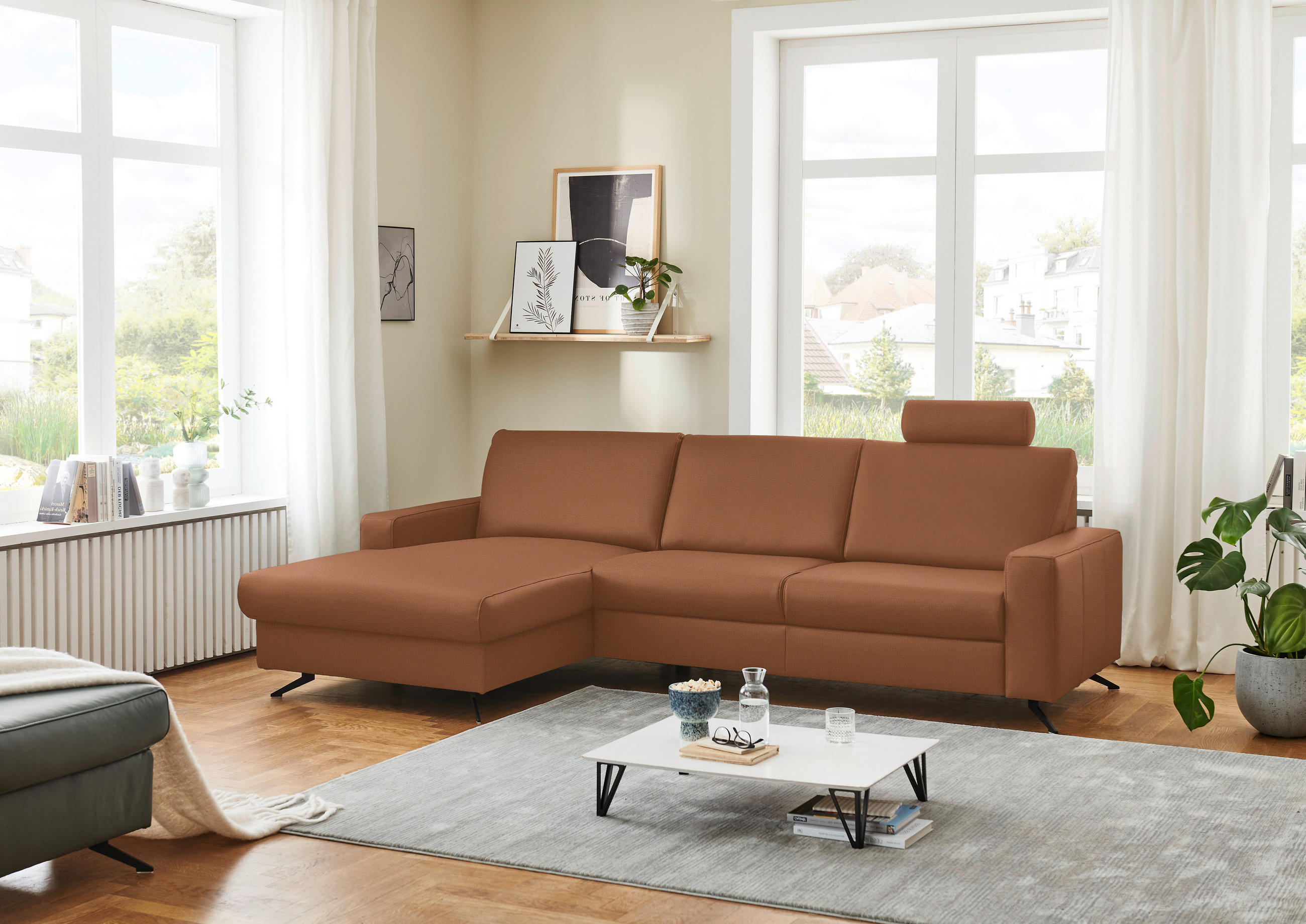 ECKSOFA in Echtleder Cognac  165/267 cm  - Cognac/Schwarz, Design, Leder/Metall (165/267cm) - Beldomo Premium