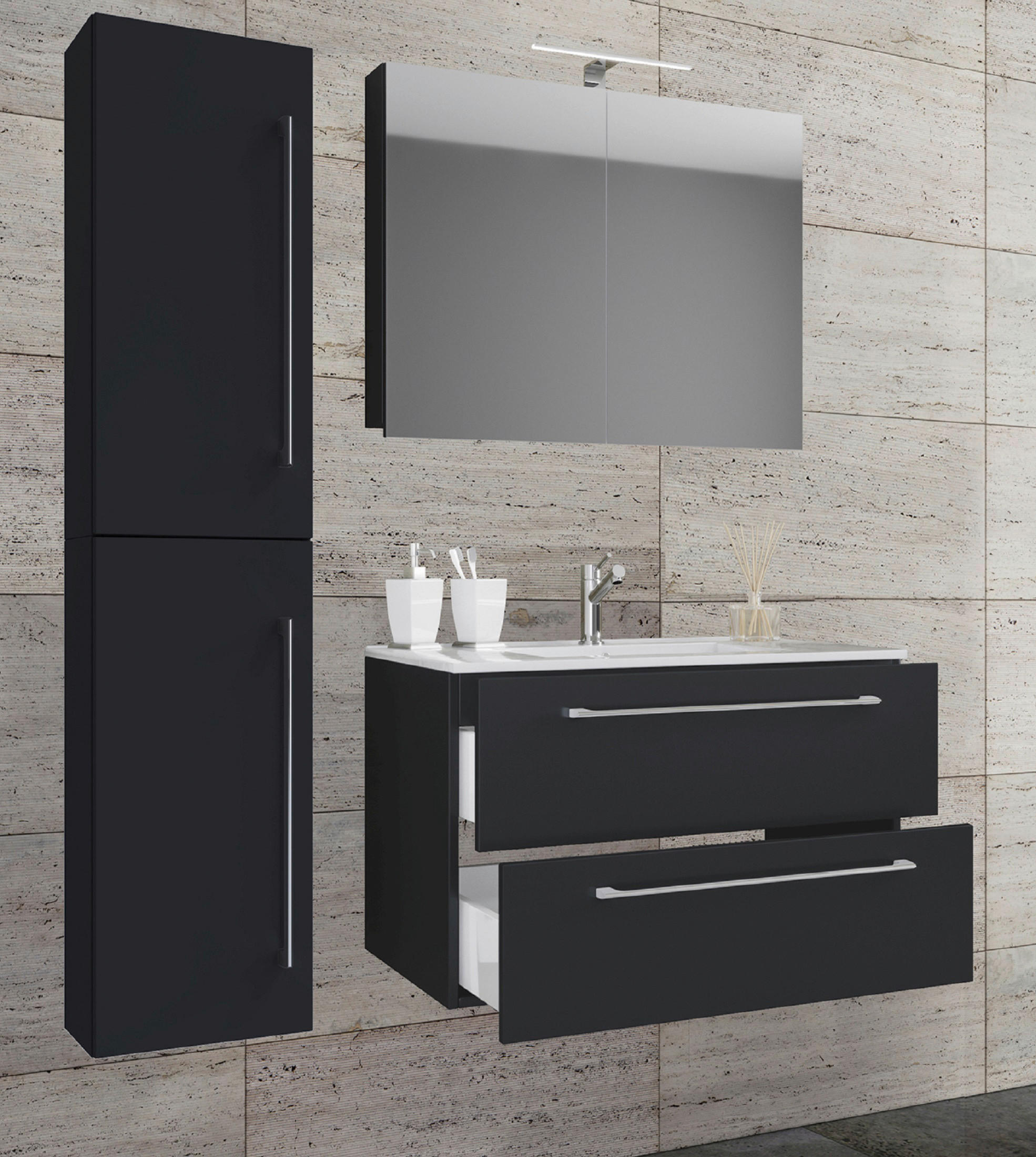 BADEZIMMER 4-teilig  in 93 cm  - Alufarben/Schwarz, MODERN, Keramik/Holzwerkstoff (93cm) - MID.YOU