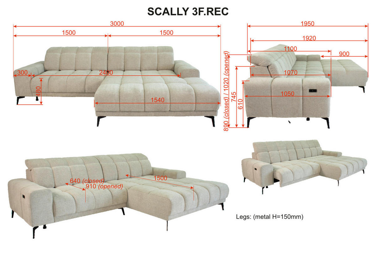 ECKSOFA inkl.Funktionen Beige Chenille  - Beige/Schwarz, MODERN, Textil/Metall (300/195cm) - Xora