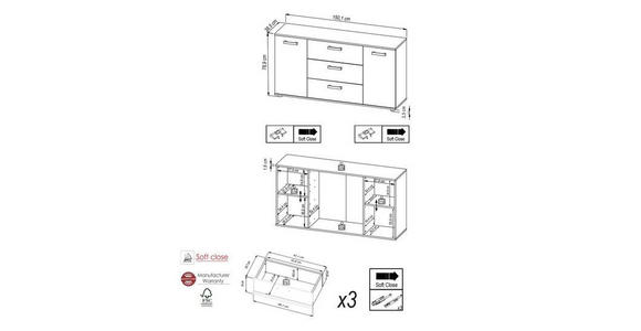 SIDEBOARD 150/78,9/38,5 cm in Schwarz, Eiche Artisan - Schwarz/Eiche Artisan, KONVENTIONELL, Holzwerkstoff/Kunststoff (150/78,9/38,5cm) - Carryhome