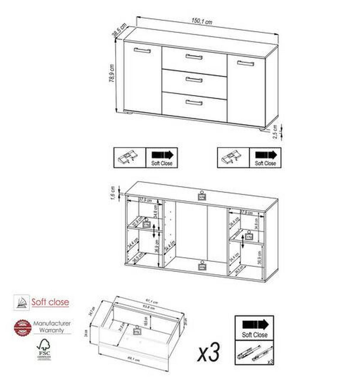 SIDEBOARD  in 150/78,9/38,5 cm  - Schwarz/Eiche Artisan, KONVENTIONELL, Holzwerkstoff/Kunststoff (150/78,9/38,5cm) - Carryhome
