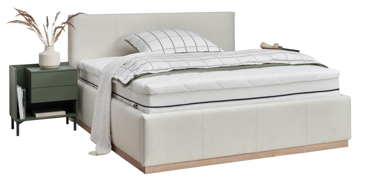 POLSTERBETT Beleuchtung, Lattenrost, Bettkasten Beige, Hickory 180/200 cm  - Birkefarben/Beige, Design, Holz/Holzwerkstoff (180/200cm) - Lomoco