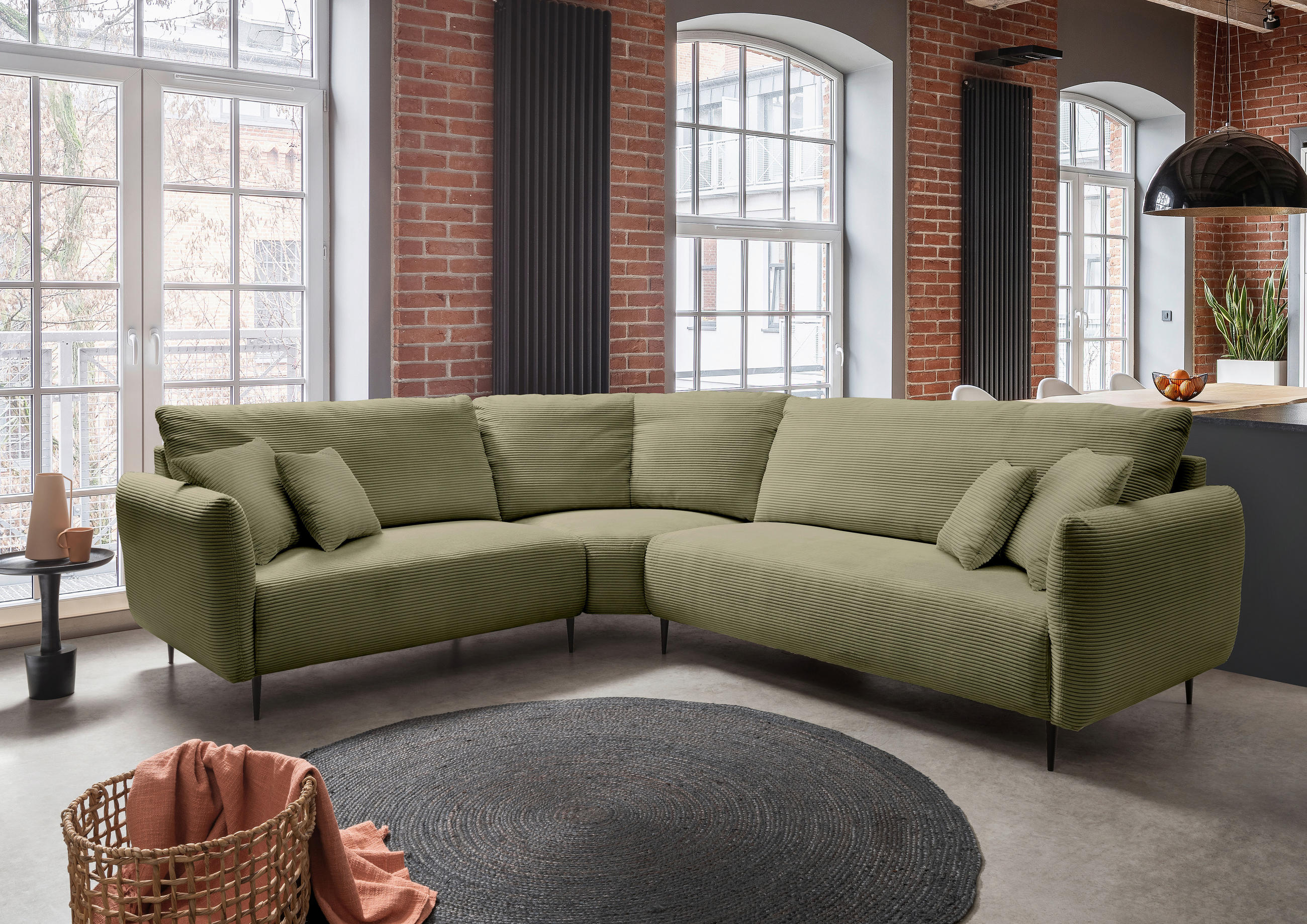ECKSOFA in Cord Olivgrün - Schwarz/Olivgrün, Design, Textil/Metall (256/294cm) - Livetastic