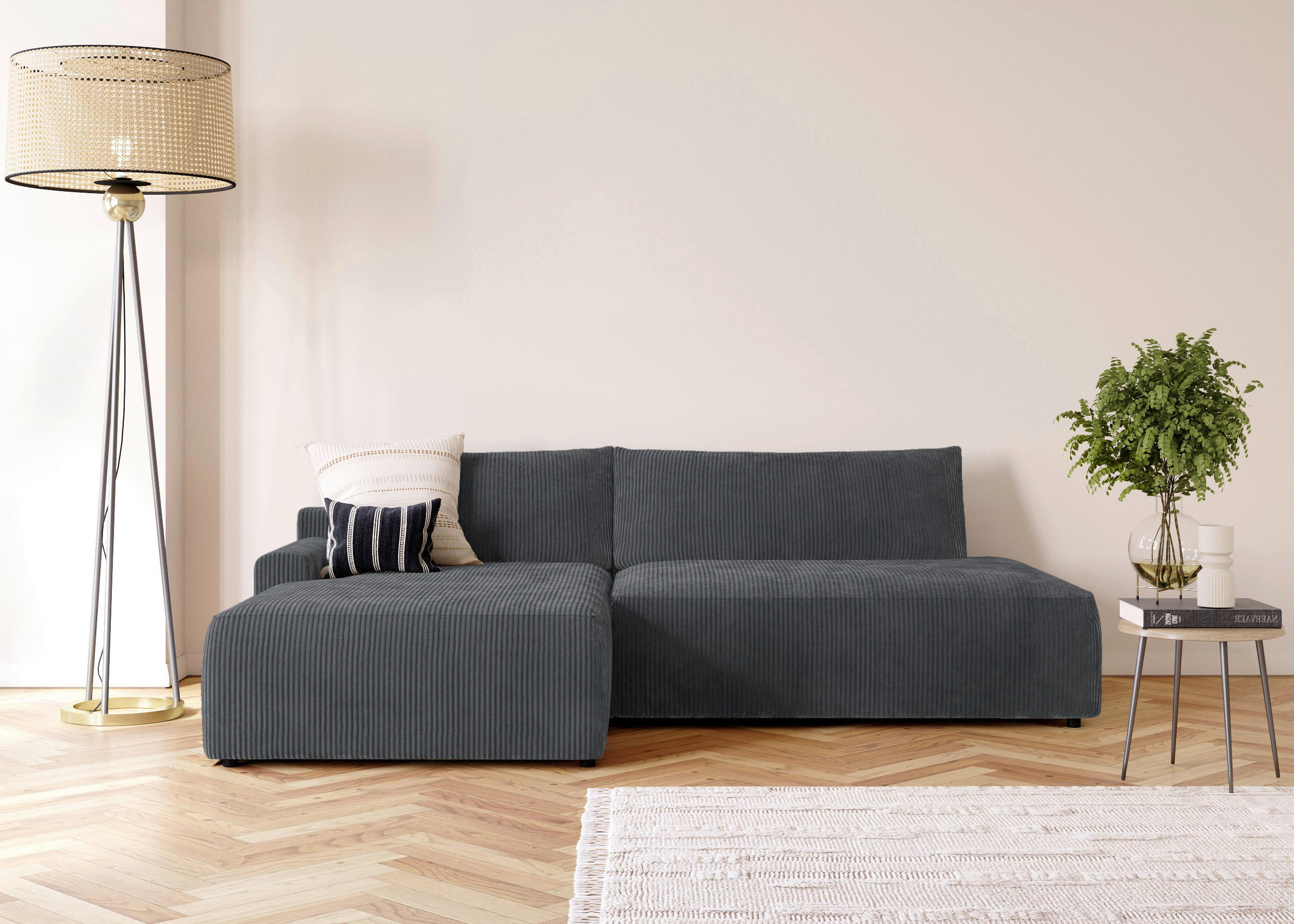 ECKSCHLAFSOFA in Cord Anthrazit  - Anthrazit/Schwarz, Modern, Kunststoff/Textil (167/253cm) - Trendmanufaktur