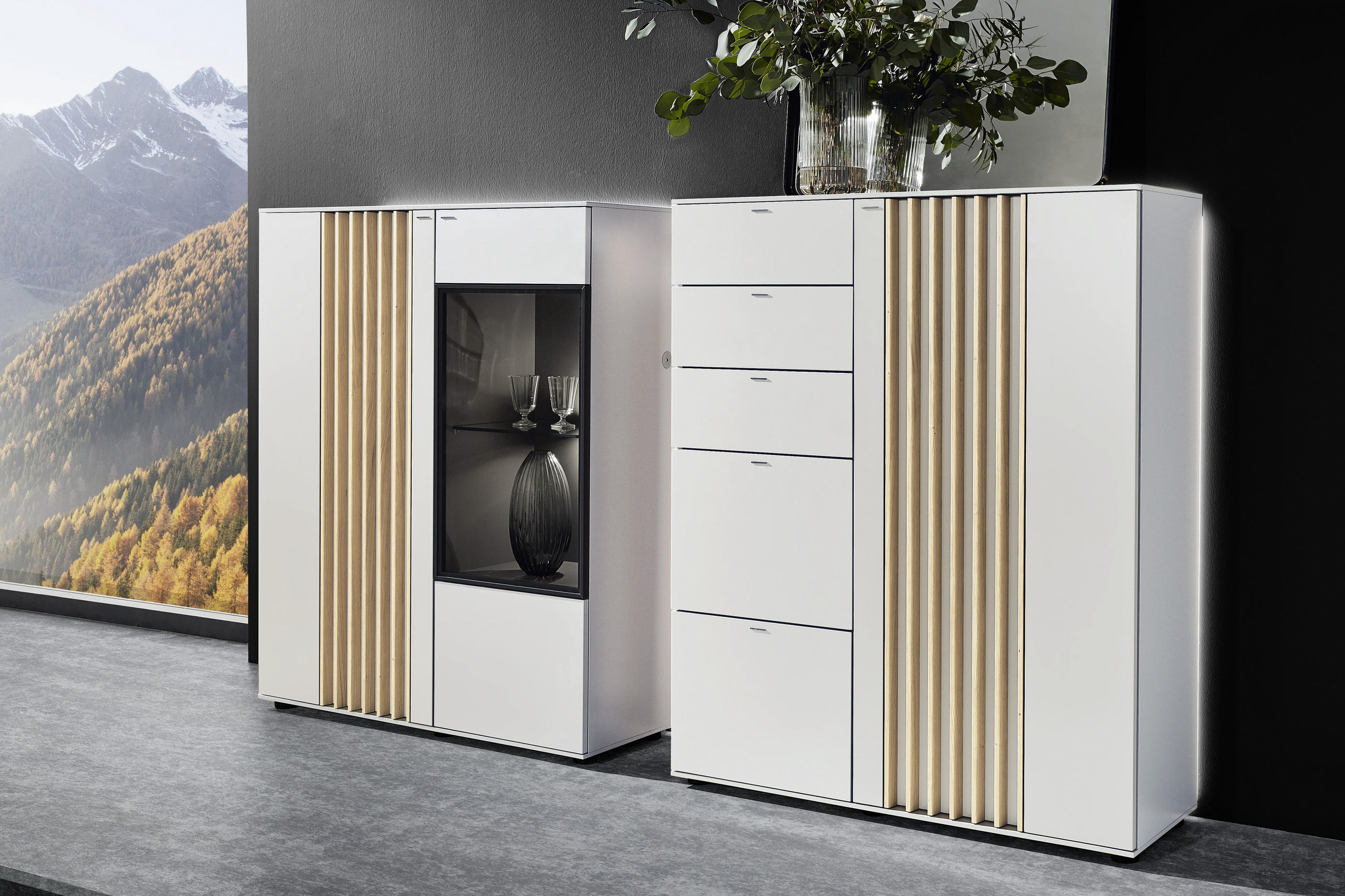 HIGHBOARD Wildeiche furniert Grau, Eichefarben - Eichefarben/Schwarz, Design, Glas/Holz (105/128/37cm) - Ambiente