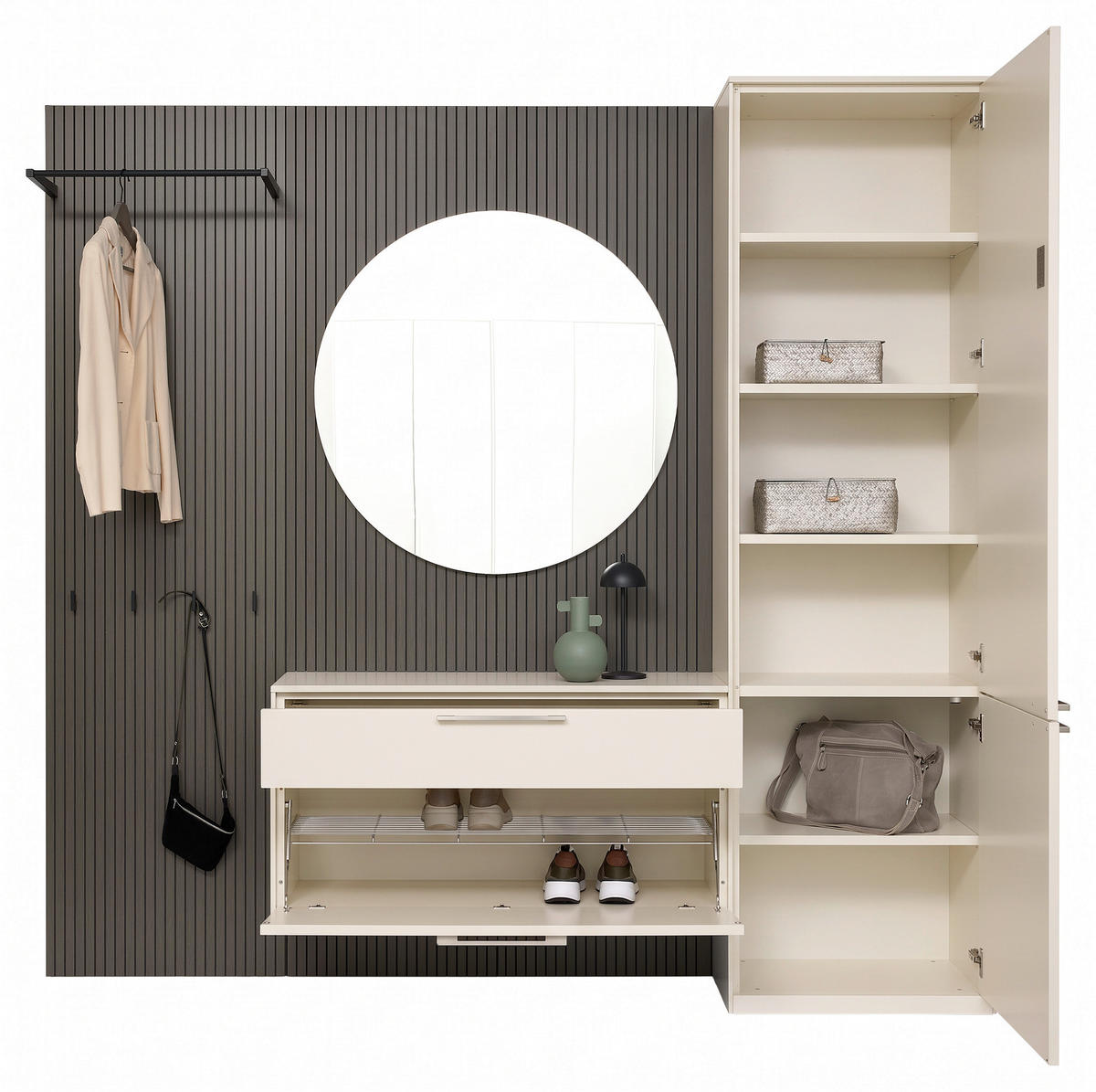 GARDEROBE 4-teilig  in 228/217/40 cm  - Weiß/Grau, MODERN, Glas/Holzwerkstoff (228/217/40cm) - Musterring