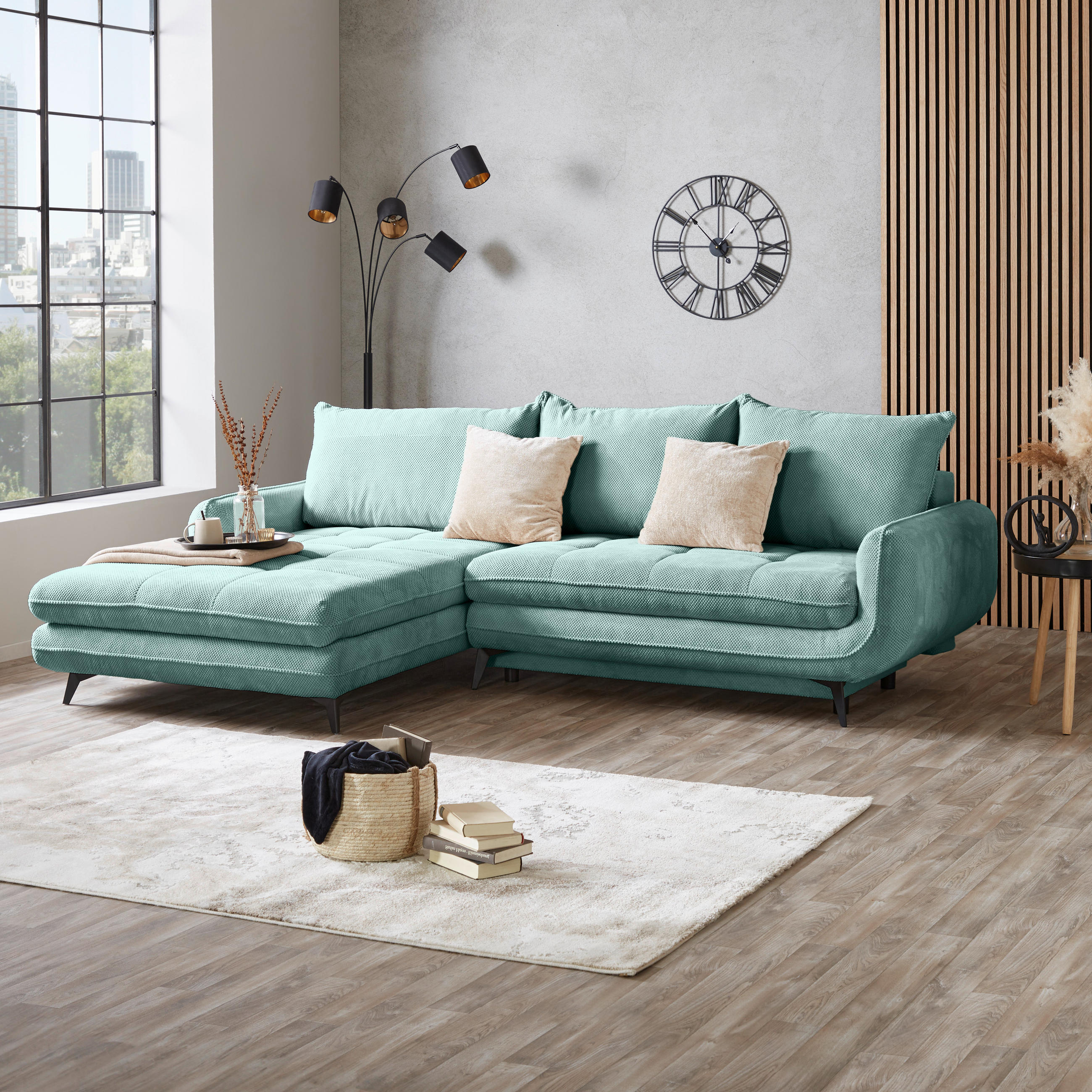 ECKSOFA WAVE Türkis Struktur  - Türkis/Beige, MODERN, Textil/Metall (189/266cm) - MID.YOU