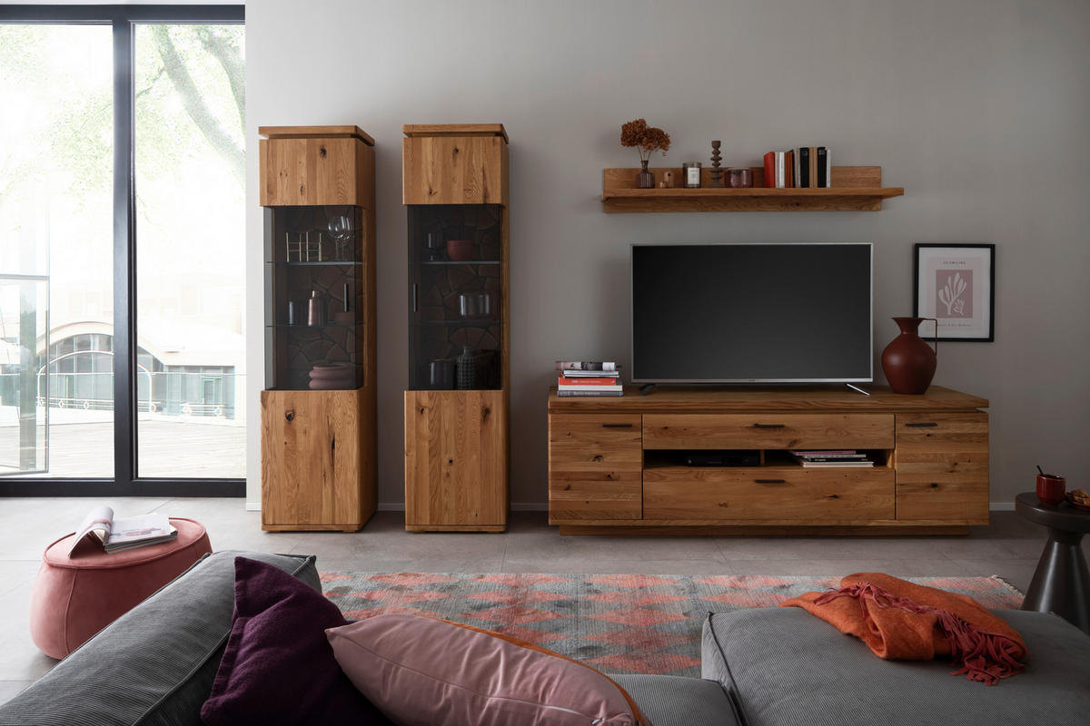 WOHNWAND 4-teilig  in Grau, Eichefarben 340/204/50 cm  - Eichefarben/Anthrazit, Natur, Glas/Holz (340/204/50cm) - Linea Natura
