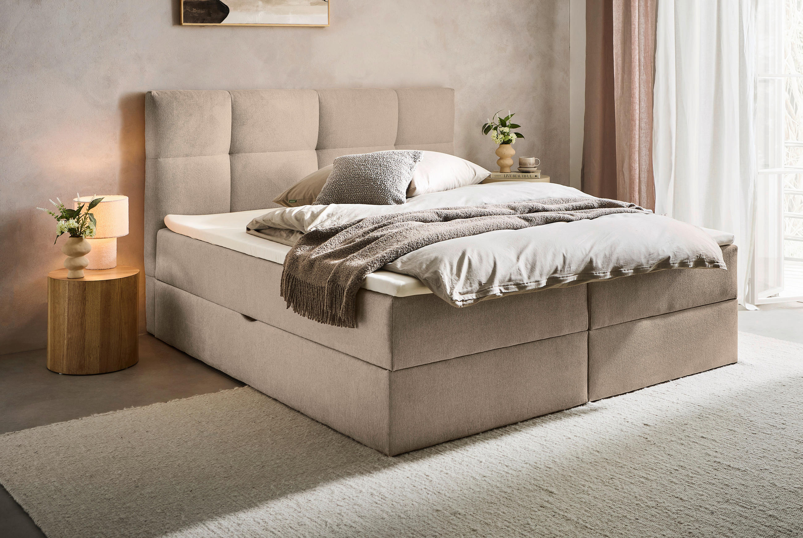 BOXBETT 140/200 cm,  in Taupe, Bettkasten, Topper, H3 + H3 = fest  - Taupe, KONVENTIONELL, Textil (140/200cm) - Boxxx
