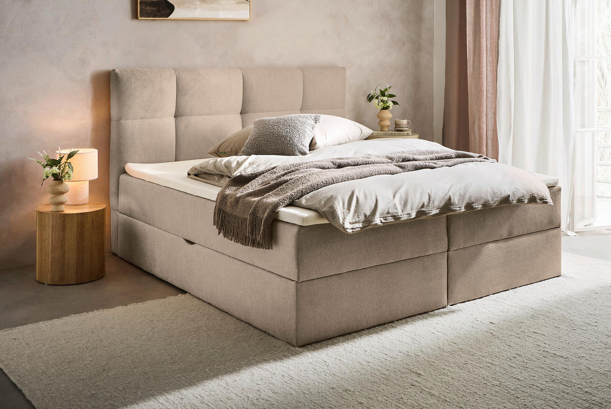 BOXBETT 160/200 cm,  in Taupe, Bettkasten, Topper, H3 + H3 = fest  - Taupe, KONVENTIONELL, Textil (160/200cm) - Boxxx