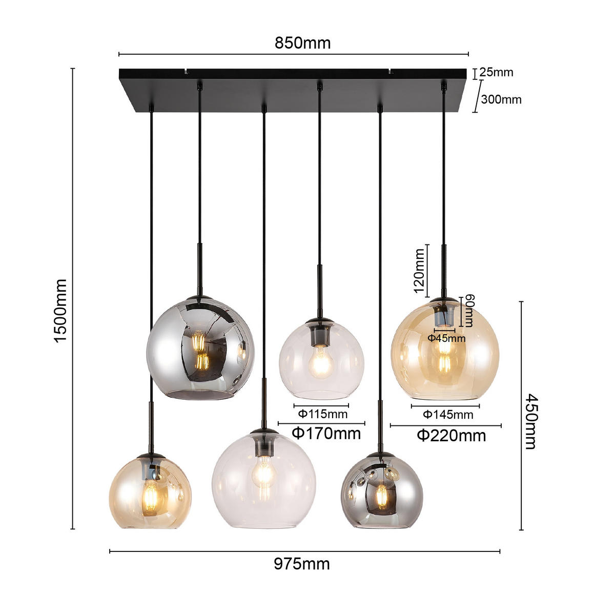 HÄNGELEUCHTE Amelie 97,5/42,5/150 cm   - Klar/Bernsteinfarben, Basics, Glas/Metall (97,5/42,5/150cm) - Novel