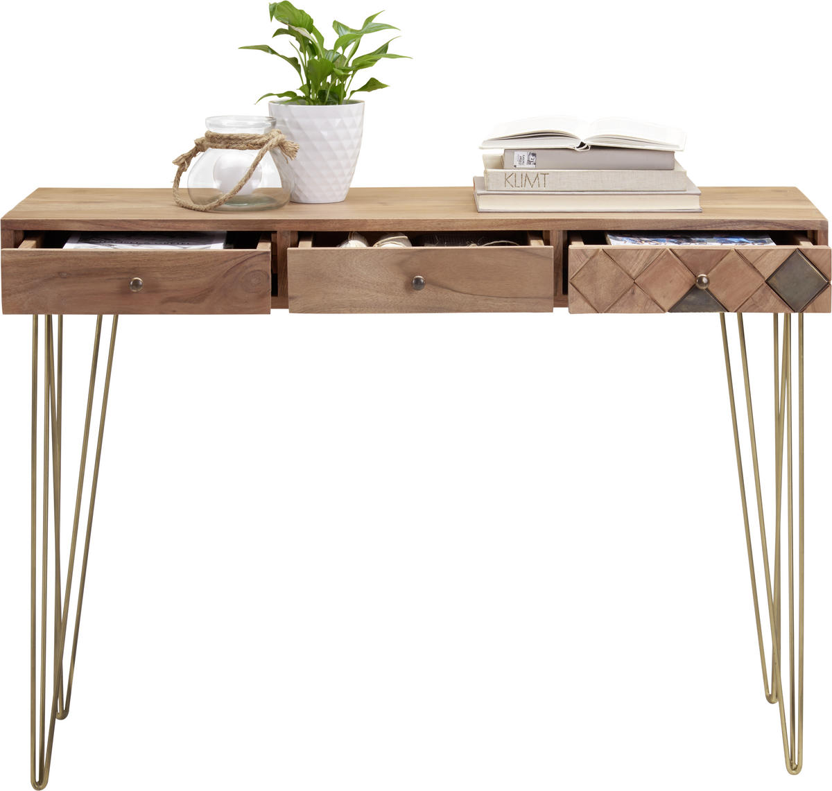 KONZOLOVÝ STOLÍK, akácia, farba akácie, 115/42/78 cm - farba akácie/bronzová, Trend, kov/drevo (115/42/78cm) - Ambia Home