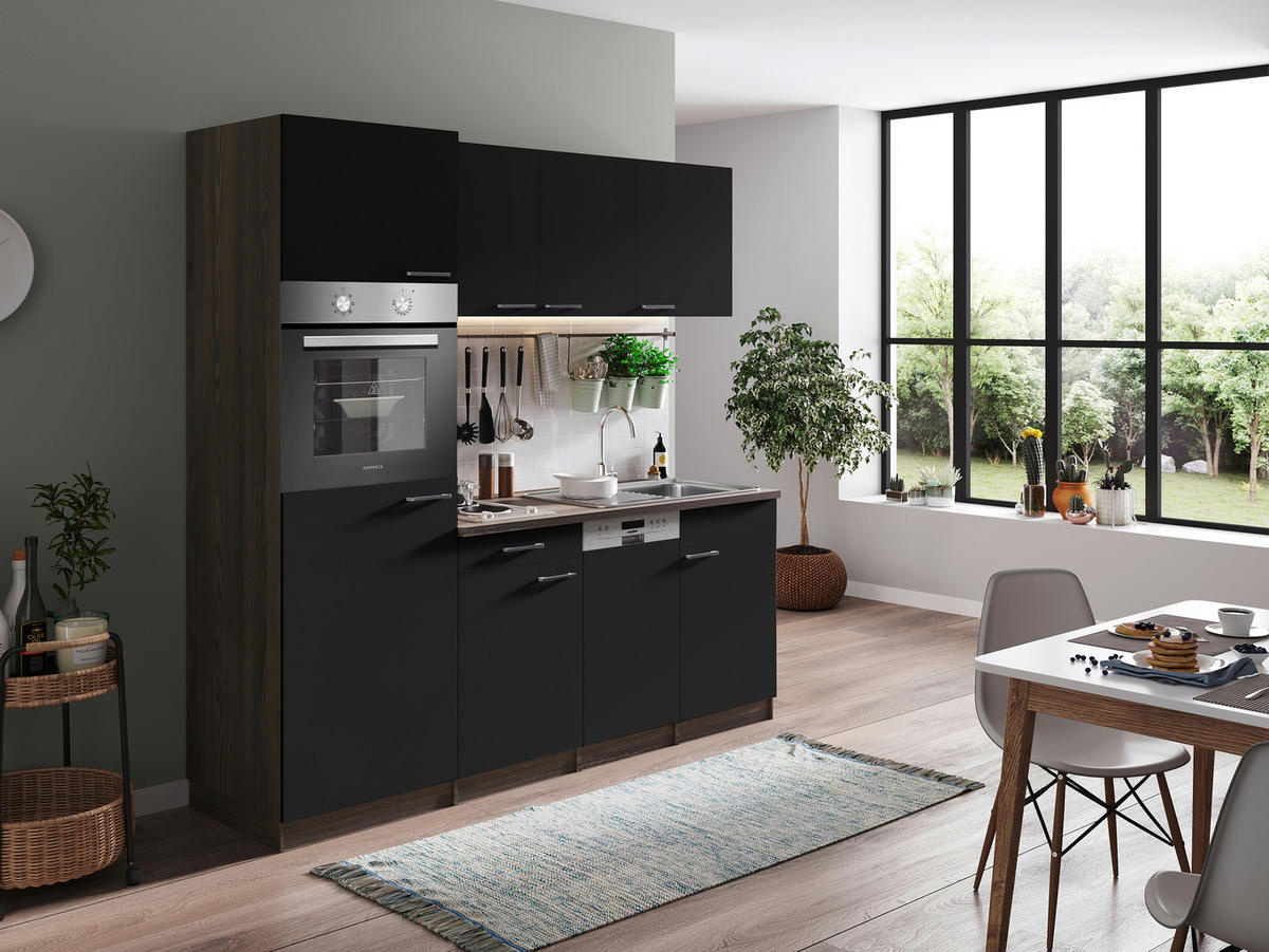 KÜCHENBLOCK 205 cm   in Schwarz  - Eichefarben/Alufarben, Basics, Holzwerkstoff/Kunststoff (205cm) - Respekta