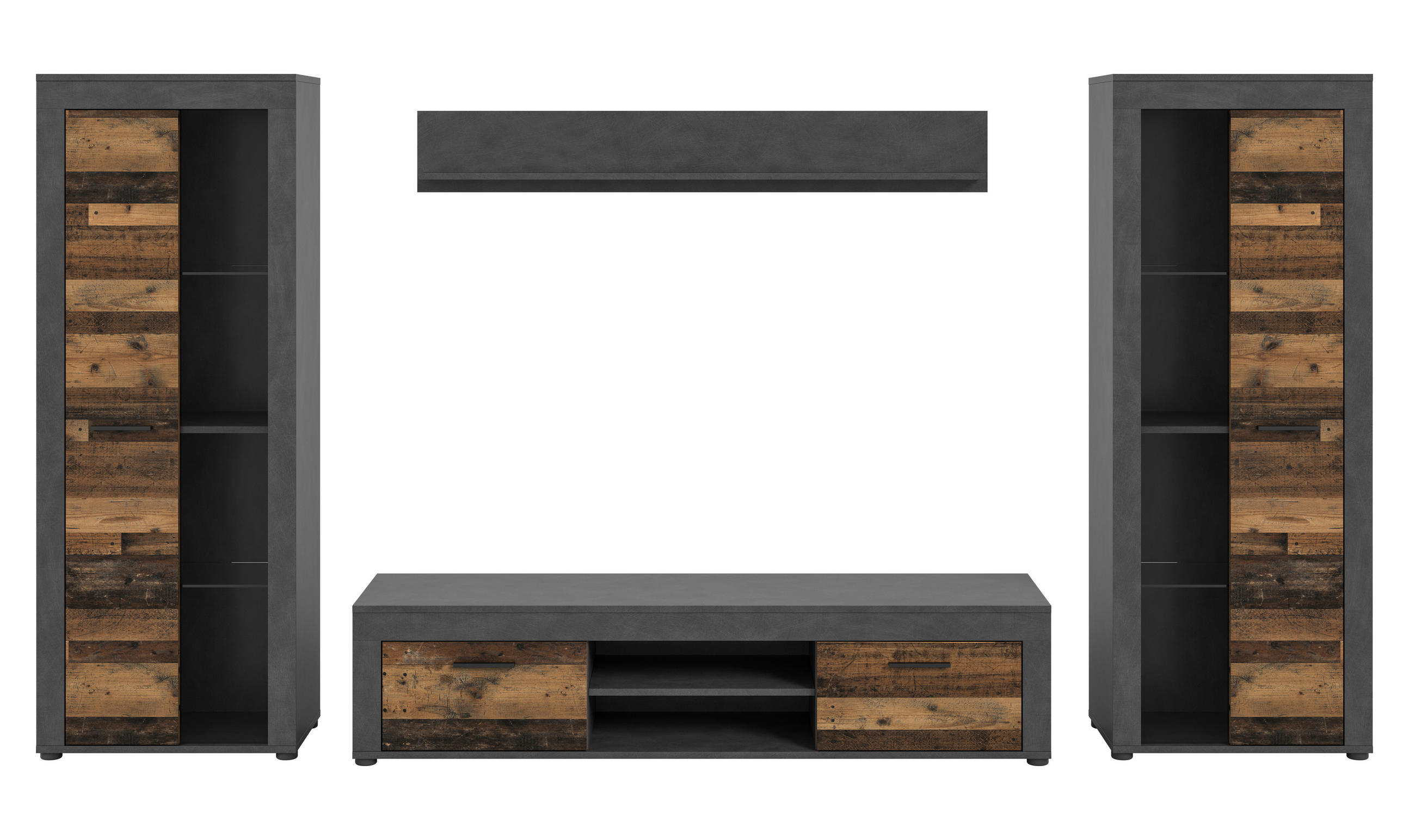 WOHNWAND 4-teilig  in Grau, Naturfarben  310/159/35 cm  - Schwarz/Naturfarben, Design, Glas/Holzwerkstoff (310/159/35cm) - MID.YOU